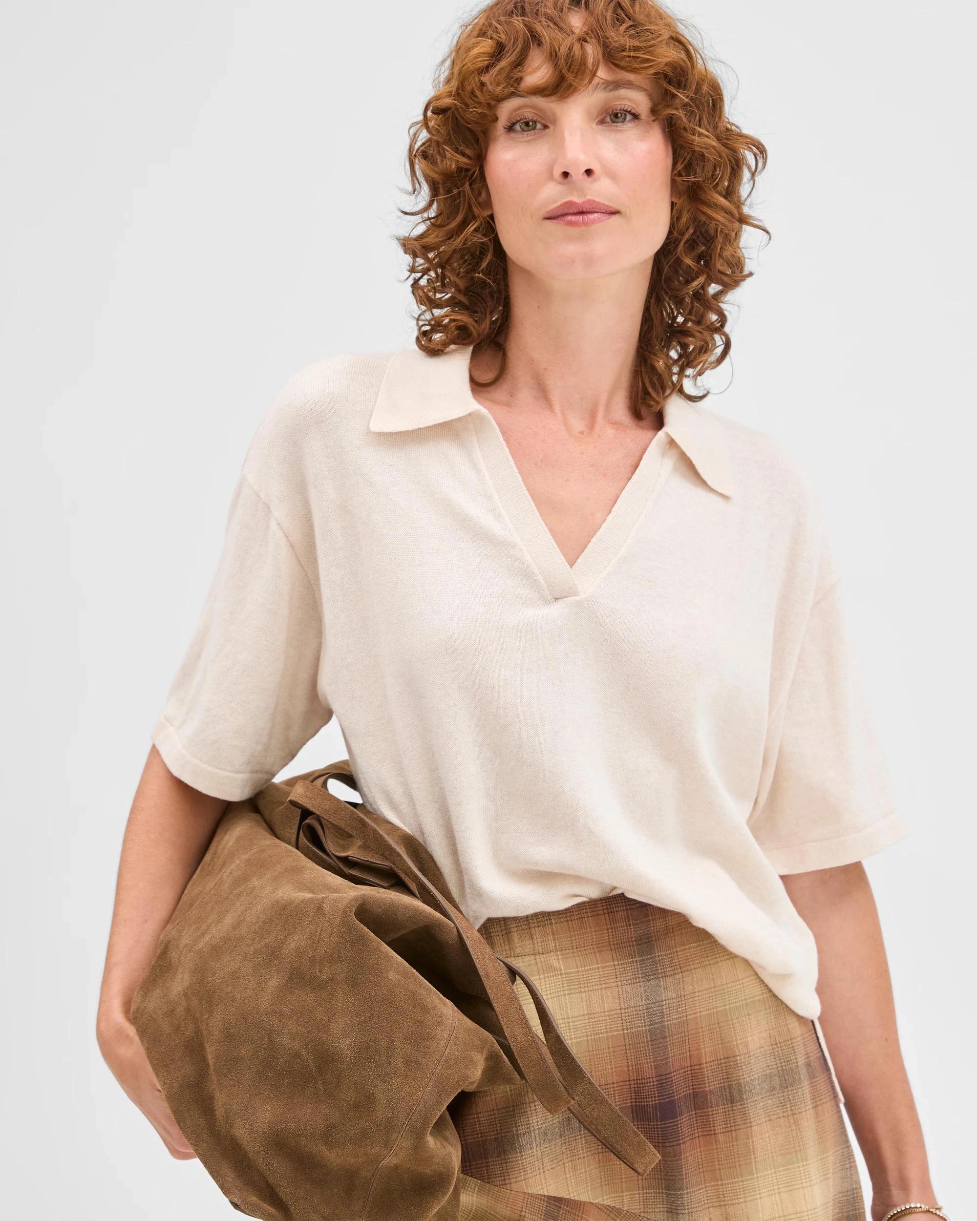 1 Target Woman Australian Cotton Blend Knit Polo Top PEBBLE, 1 of 6