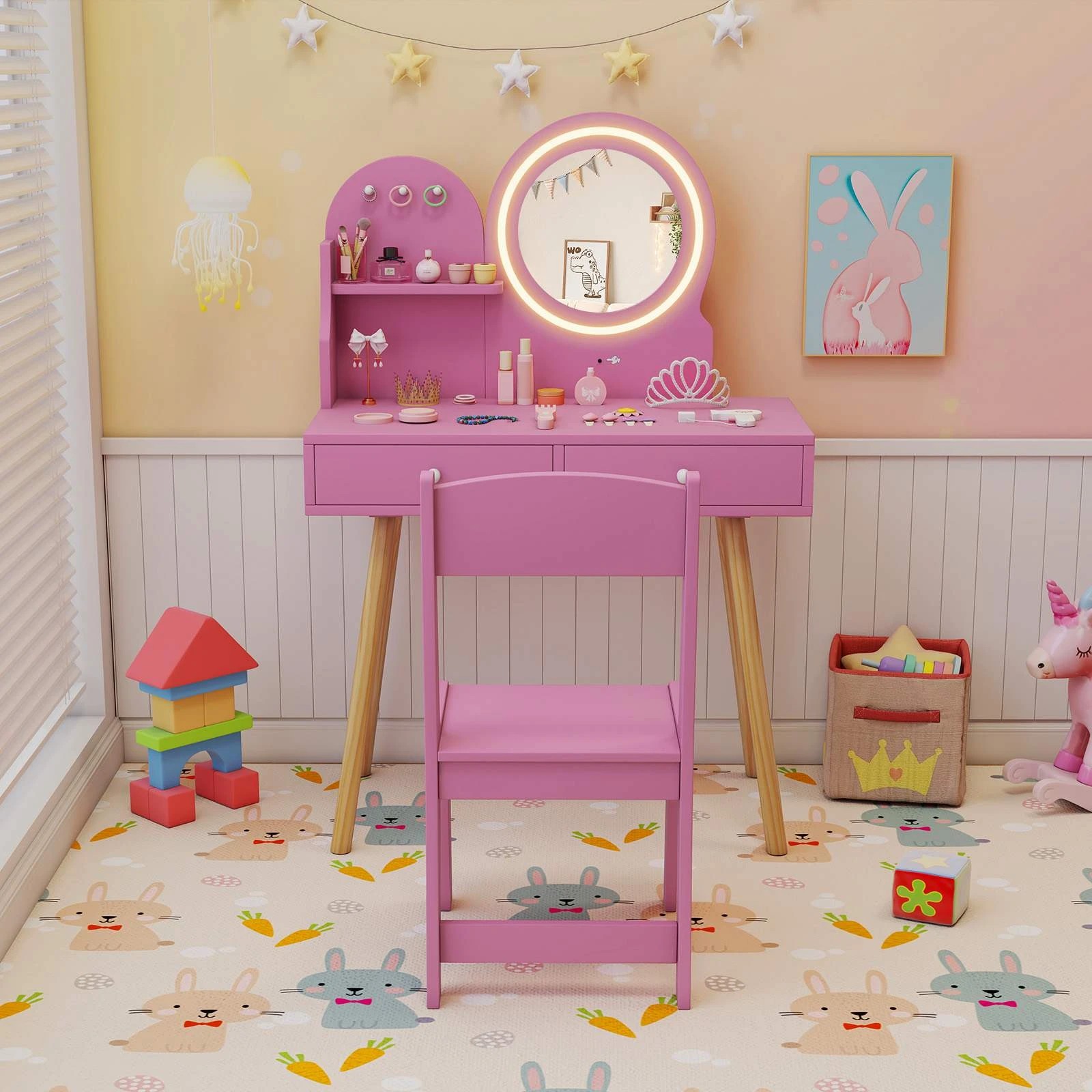 2 Costway Vanity Set Makeup Dressing Table Chair Set 2-Color Mirror - Pink, 2 of 3