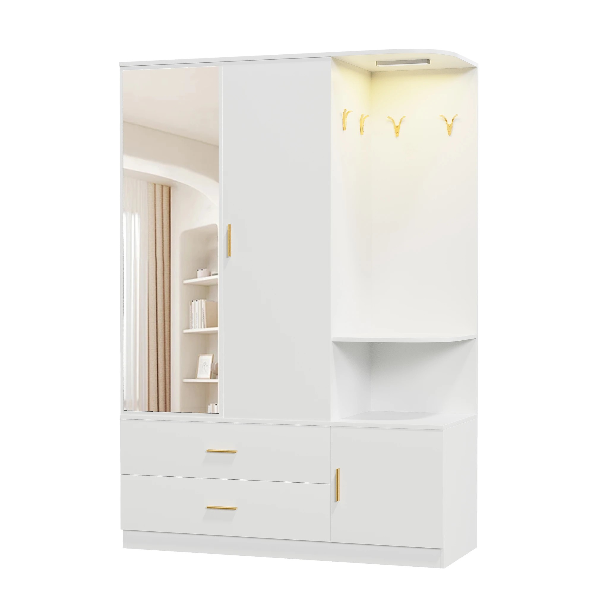 1 Advwin 3 Doors Armoire Wardrobe Closet with Mirror & Sensor Light - White, 1 of 9