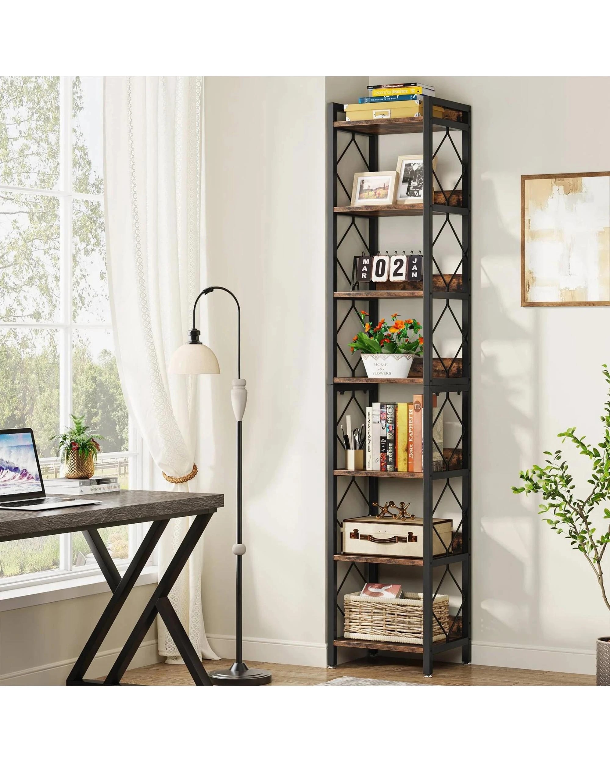 4 OAKORY 7-Tier Corner Shelf, 200cm Tall Bookcase with Sturdy Metal Frame & Open Shelf  Freestanding, 4 of 7