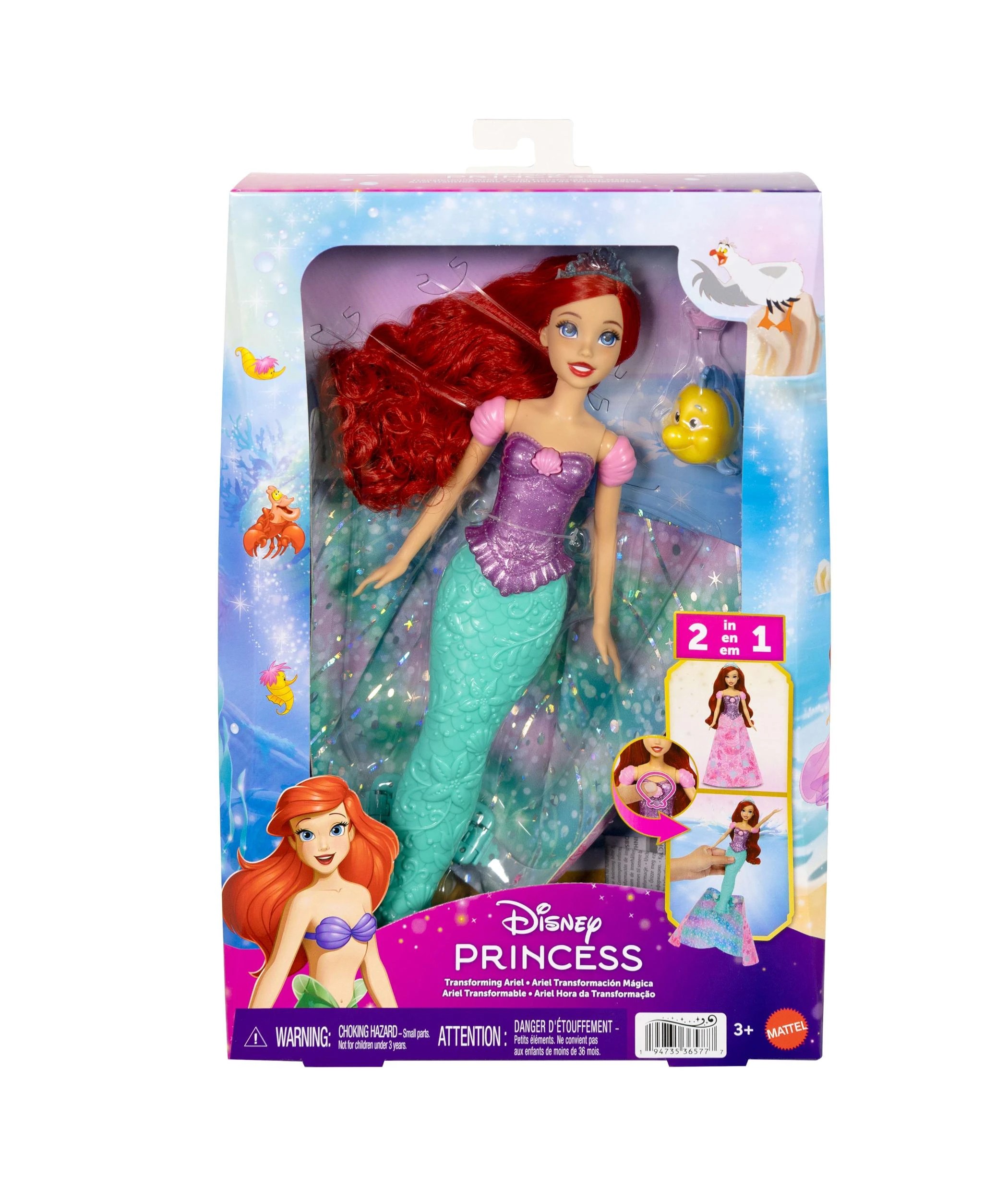 1 Disney Princess Ariel Human to Mermaid Transforming Fashion Doll with Flounder & 2 Accessories - Pink, 1 of 6