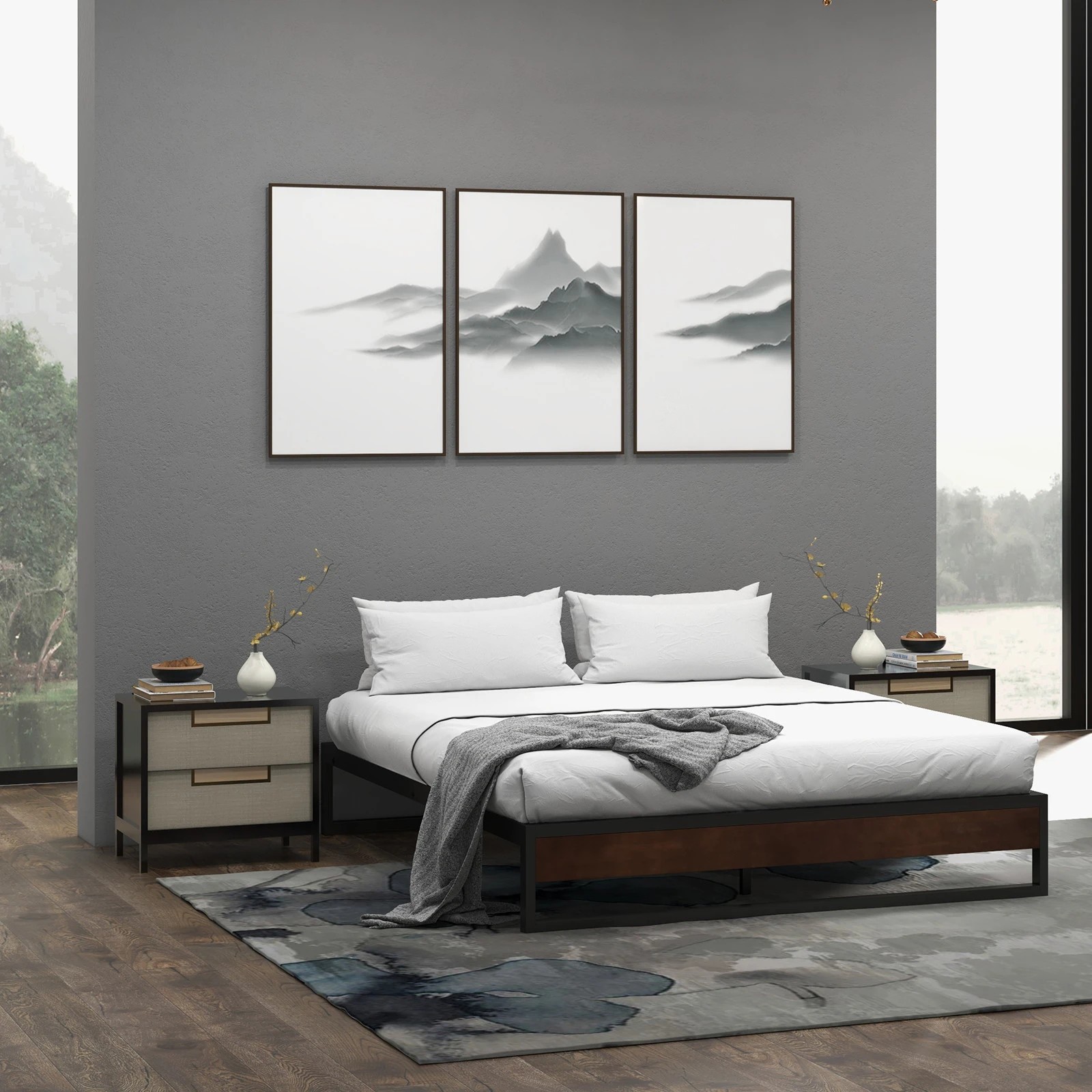 5 Milano Décor Sorrento Metal Wood Bed Frame Mattress Base Platform Modern - Black, 5 of 10