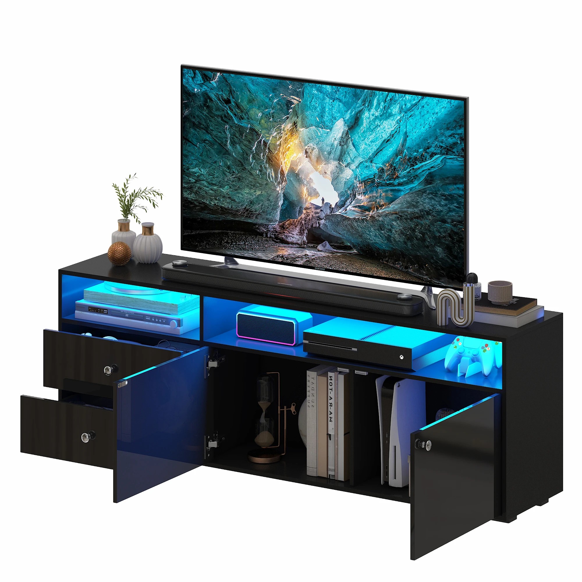 8 Advwin LED TV Cabinet 140cm Entertainment Center Media Console Table with High Gloss Drawer & Cabinets - Black, 8 of 9