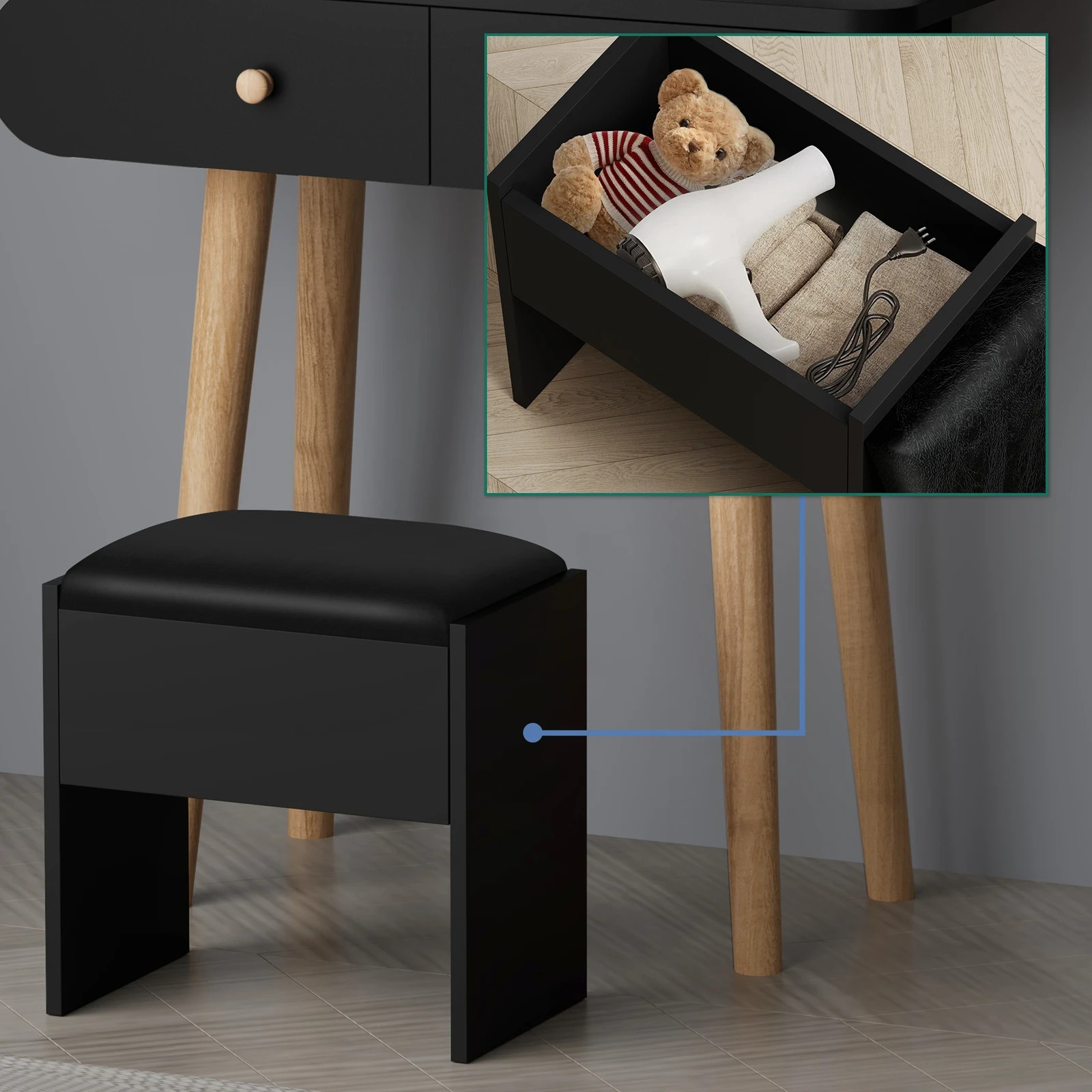 6 Alfordson Dressing Table Stool Set Makeup Mirror Vanity LED Light - Black, 6 of 10