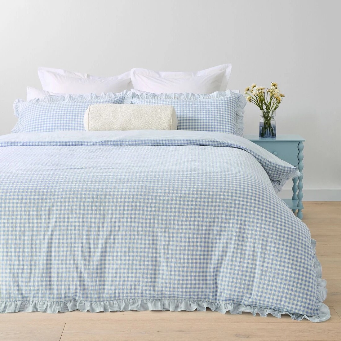 1 Gingham Ruffle Reversible Cotton Quilt Cover Set - Queen Bed, Blue, 1 of 8