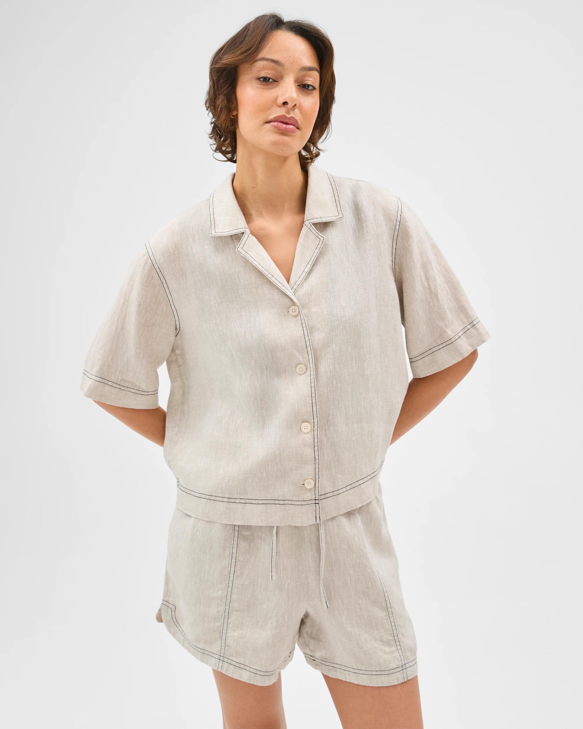 4 Target Woman European Linen Short Sleeve Stitch Detail Shirt FLAX XDYE, 4 of 7