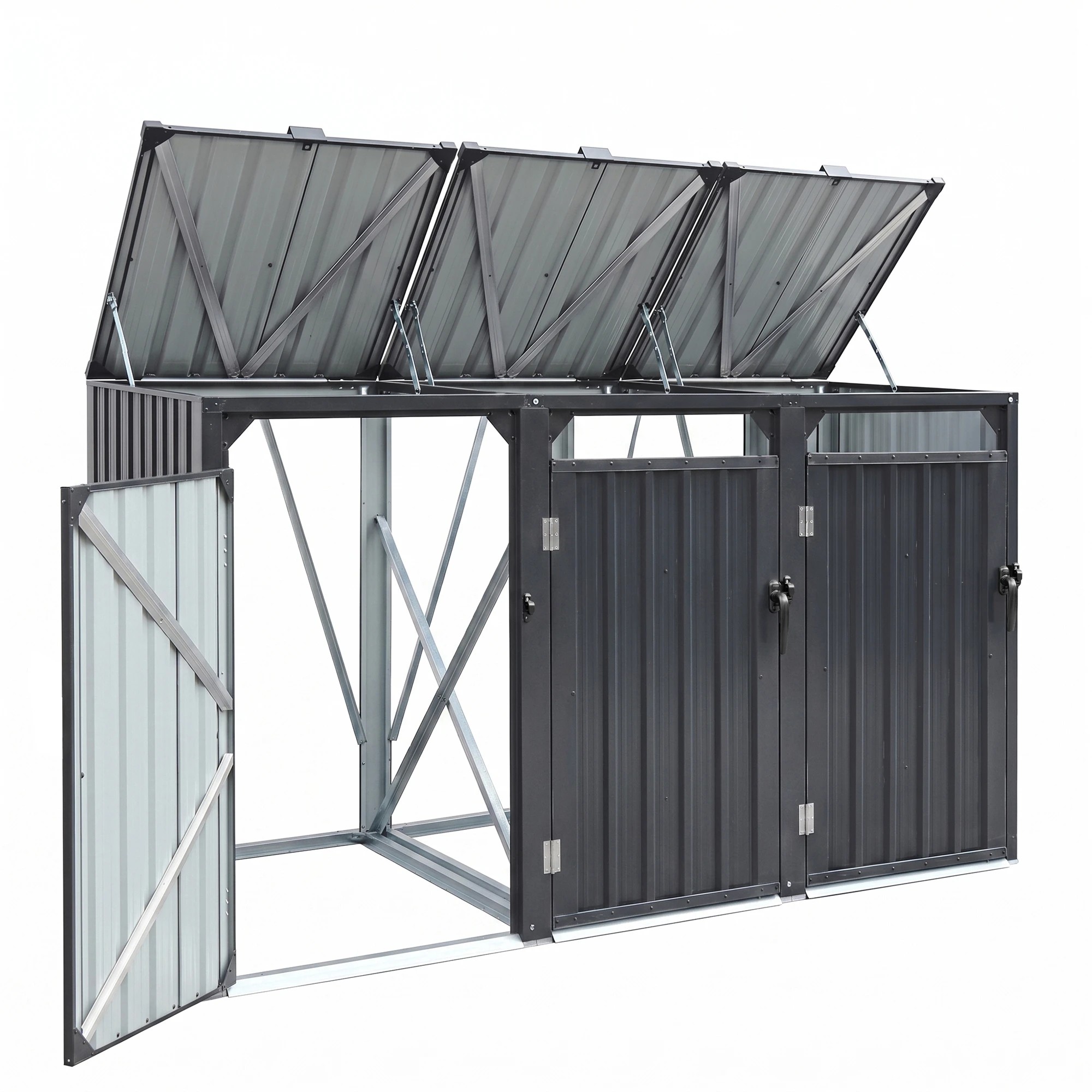 1 Giantz Bin Shed Triple Wheelie Waste Bins Storage Steel Garden Enclosure - Black, 1 of 8