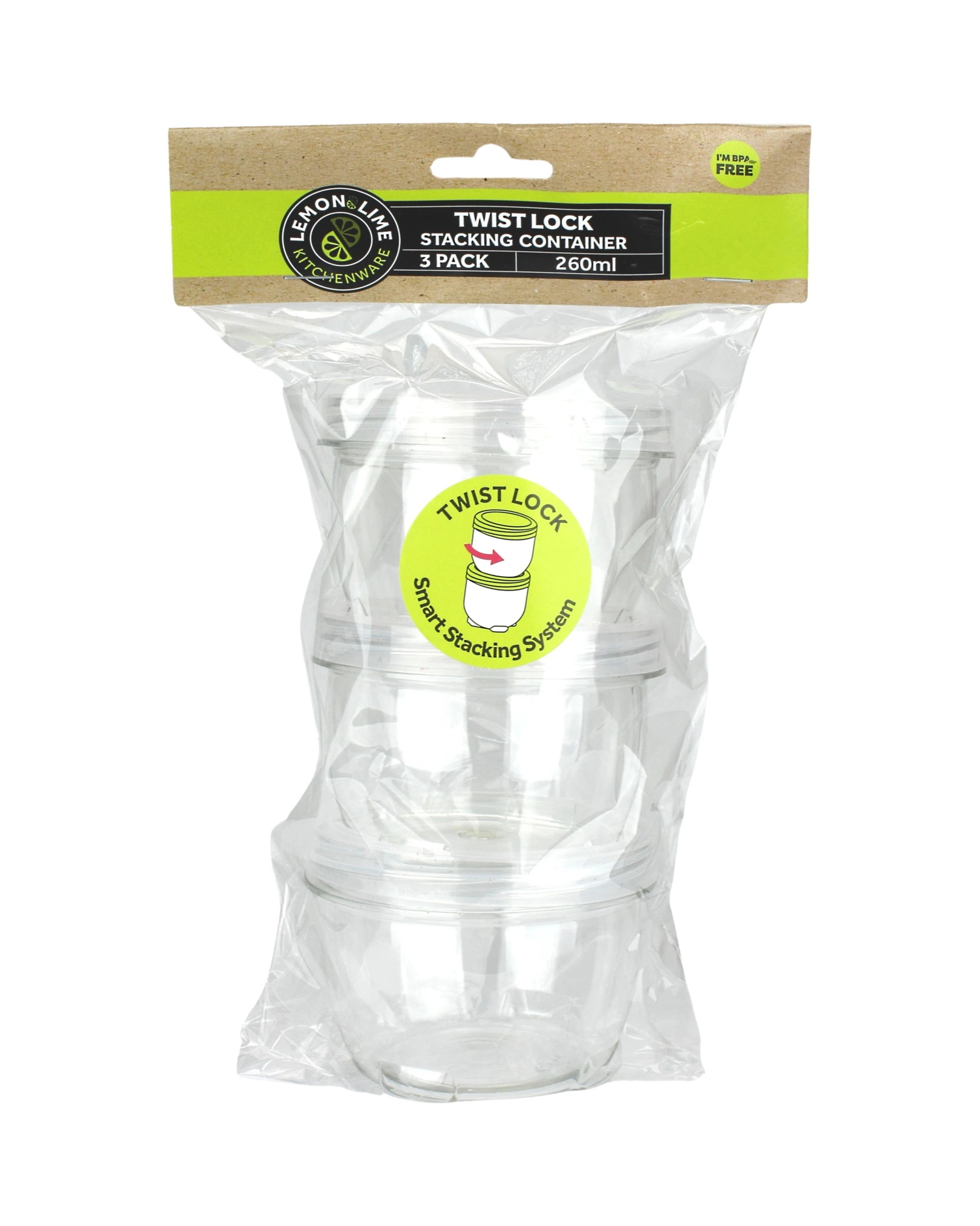 2 Lemon & Lime Twist Lock Stacking Containers 260ml Pack of 3 - Clear, 2 of 3