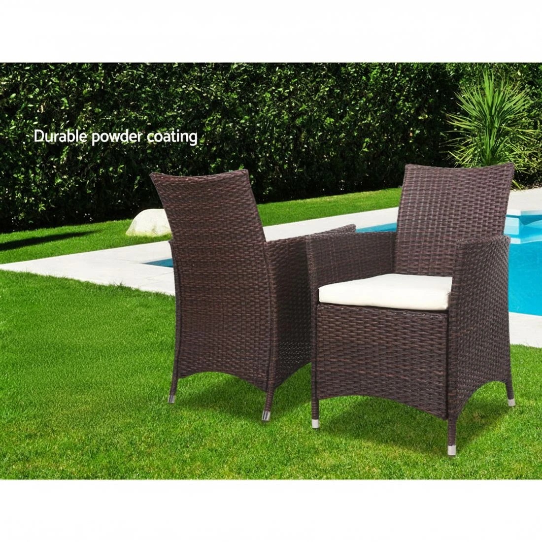 3 Gardeon 3PC Outdoor Bistro Set Patio Furniture Wicker Setting Chairs Table Cushion - Brown, 3 of 8