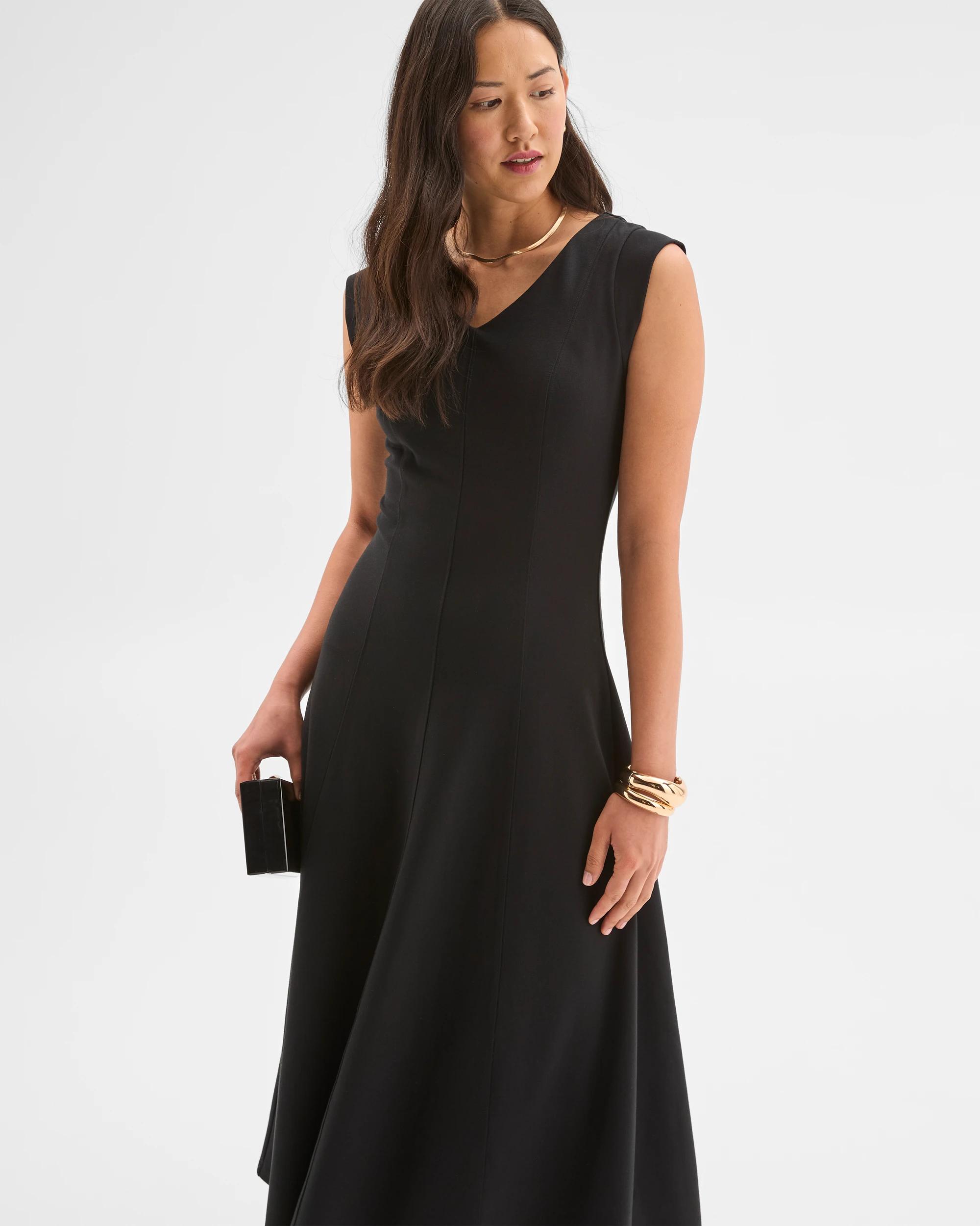 2 Preview Ponte Sleeveless Seamed A-Line Midi Dress BLACK, 2 of 7