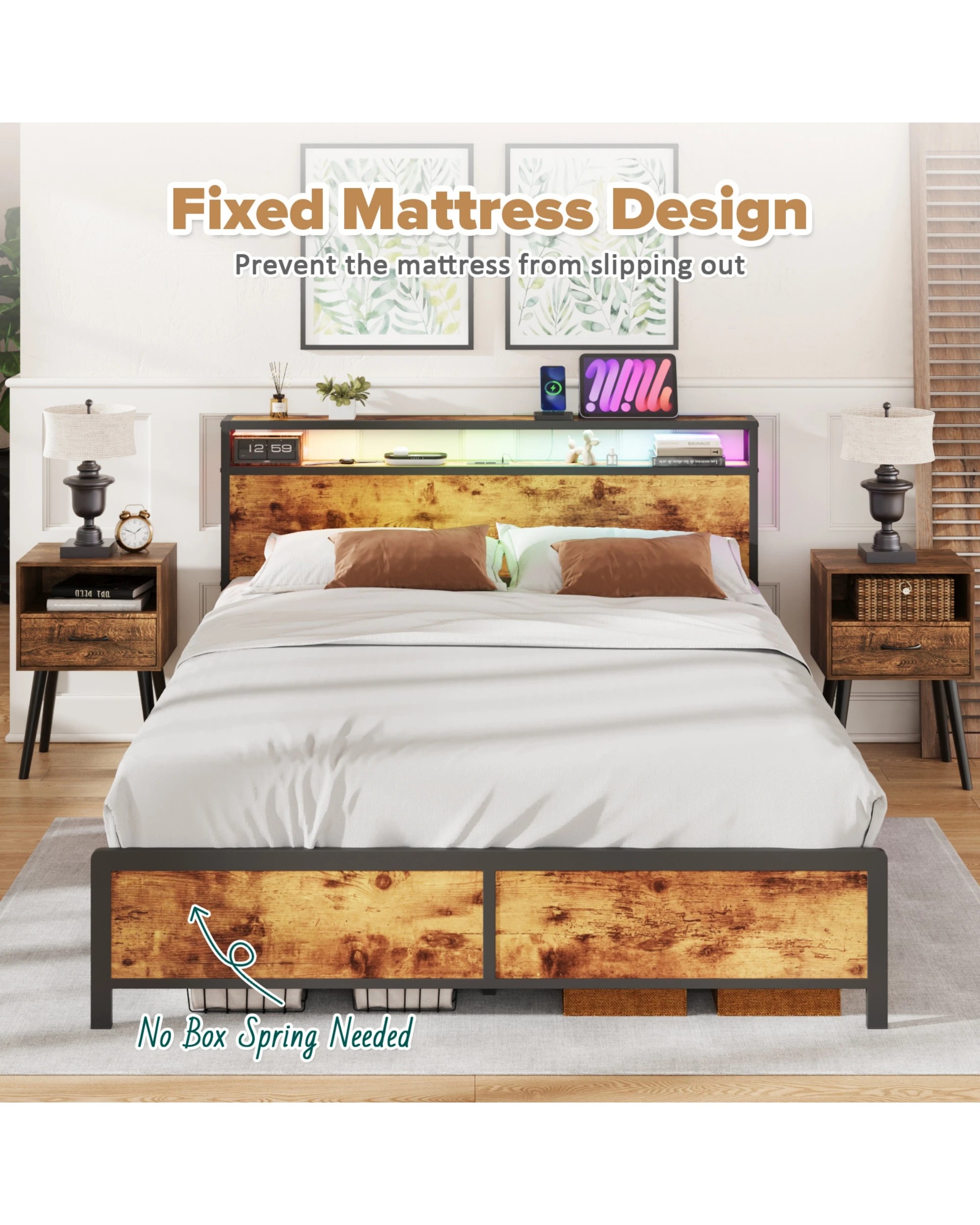 7 Advwin Queen Bed Frame With Charging Station & Rgb Led Lights Storage Headboard, 7 of 8