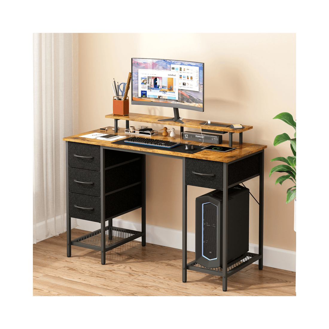 9 Advwin 120cm Walnut Computer Desk With Led Lights Power Outlets Gaming Desk, 9 of 9