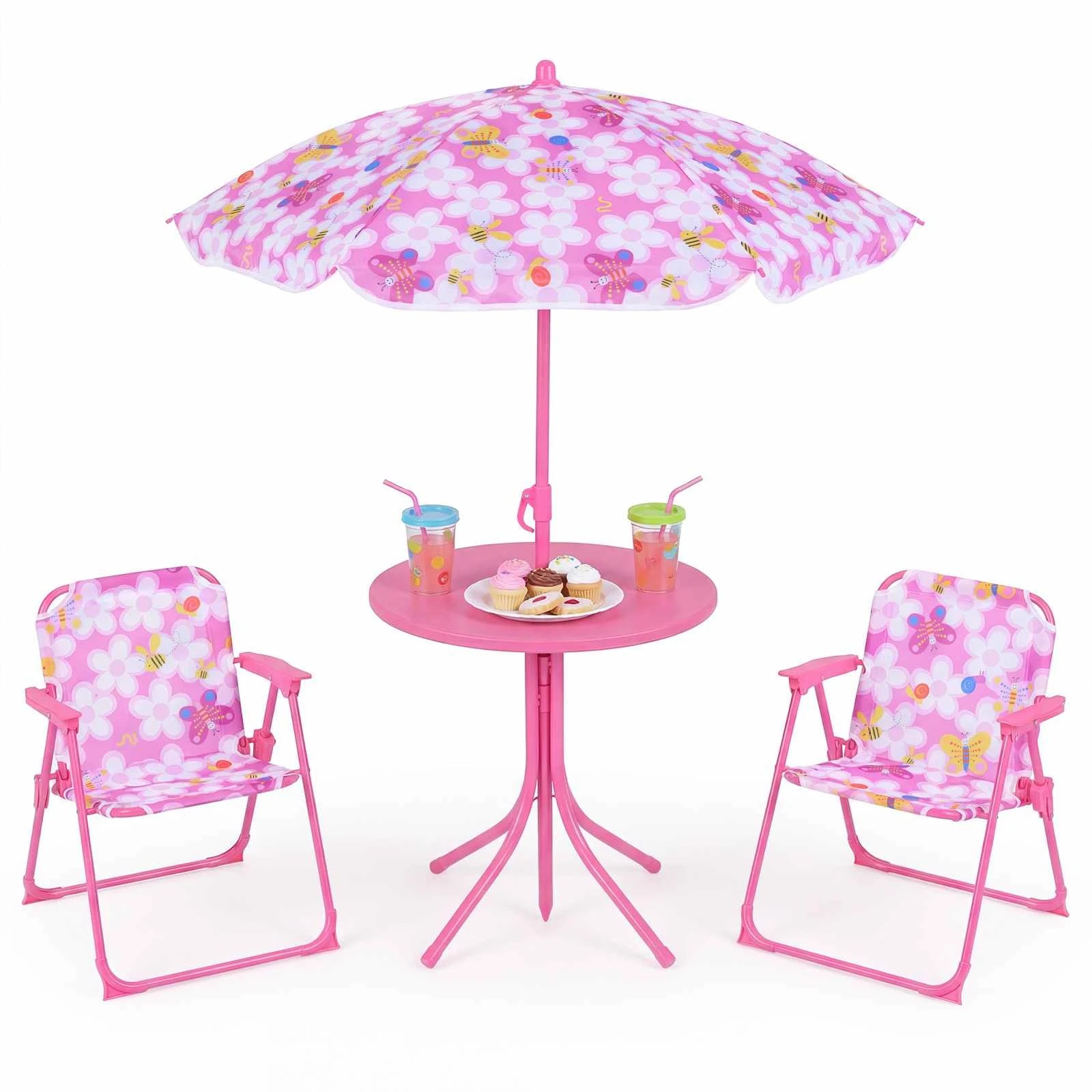 1 Costway Picnic Table Outdoor Table Folding Chairs Set w/Adjustable Umbrella Flower Theme - Pink, 1 of 3