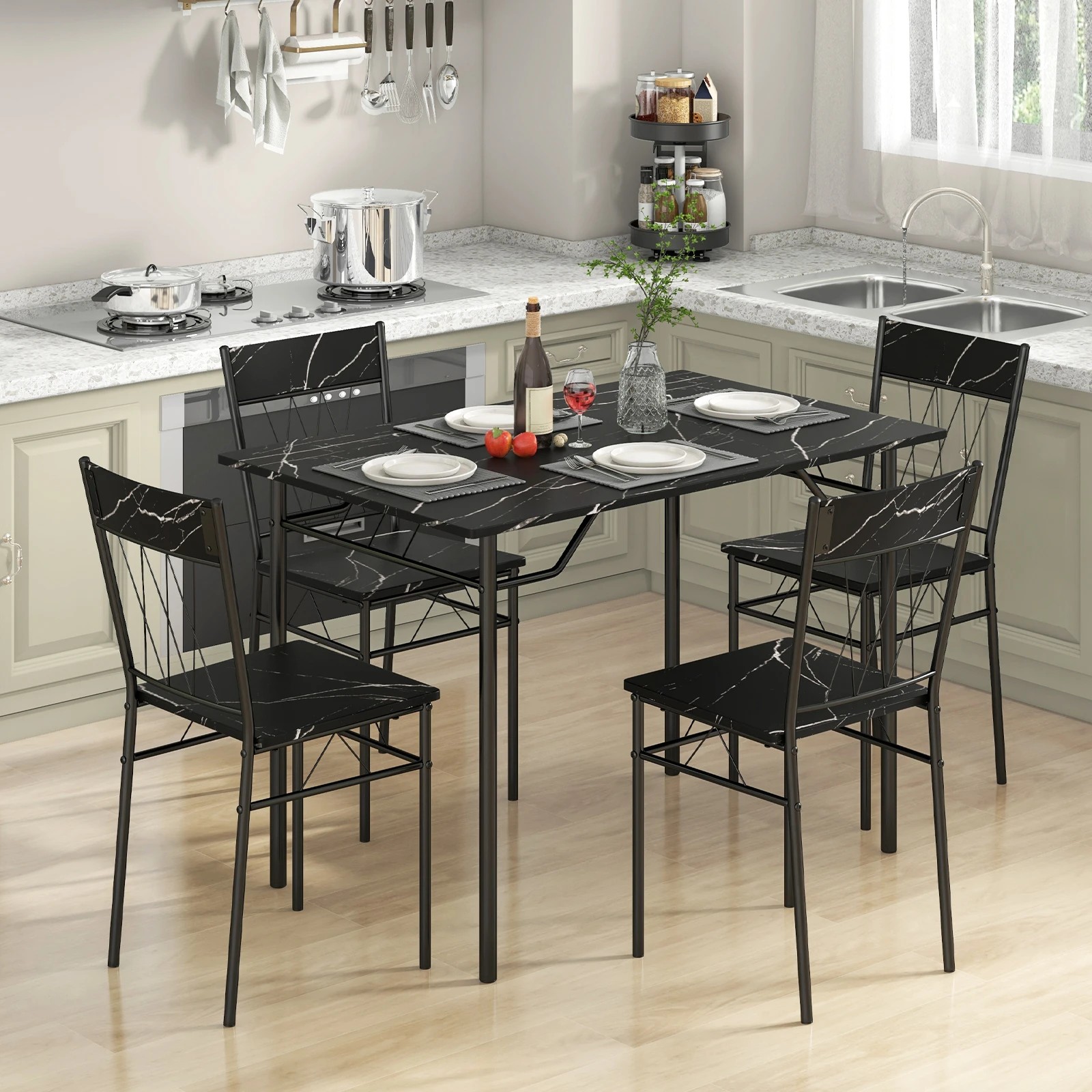 1 Costway 5PCS Dining Table Set Rectangular Kitchen Table & 4 Chairs Waterproof Tabletop - Black, 1 of 3