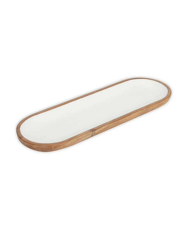 White Enamel and Acacia Wood Oval Pla