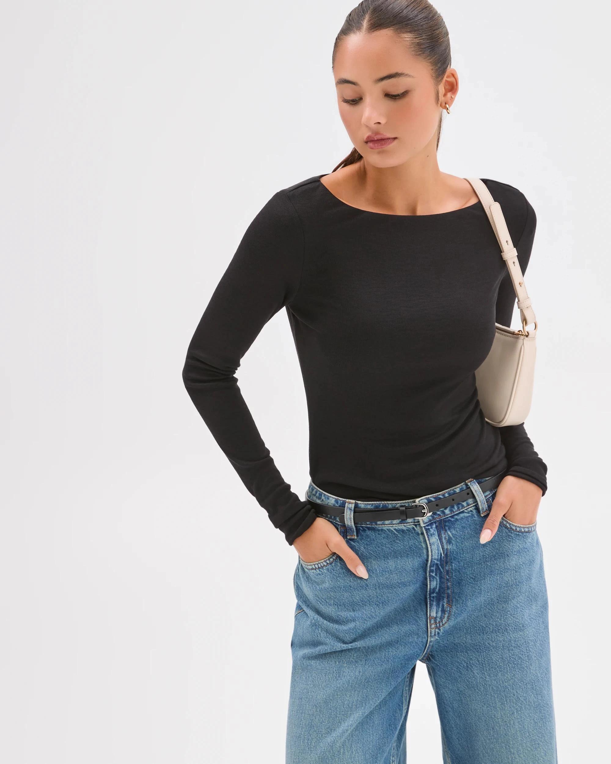 1 Lily Loves Double Layer Boat Neck Long Sleeve Top BLACK, 1 of 7