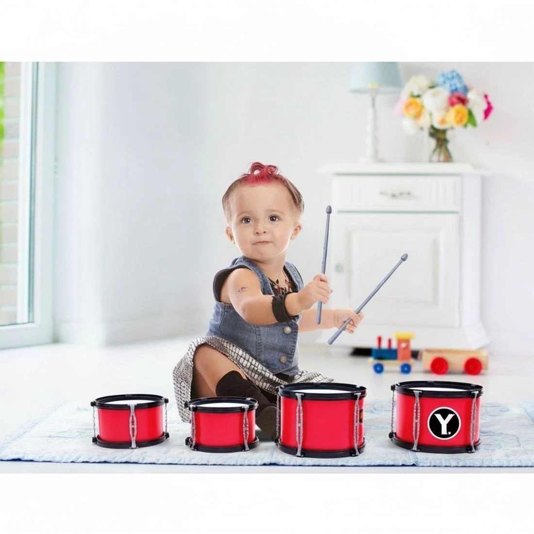 6 Keezi Kids Drum Kit Set Pretend Play Junior Drums Musical Toys Childrens 7pcs - Multi, 6 of 6
