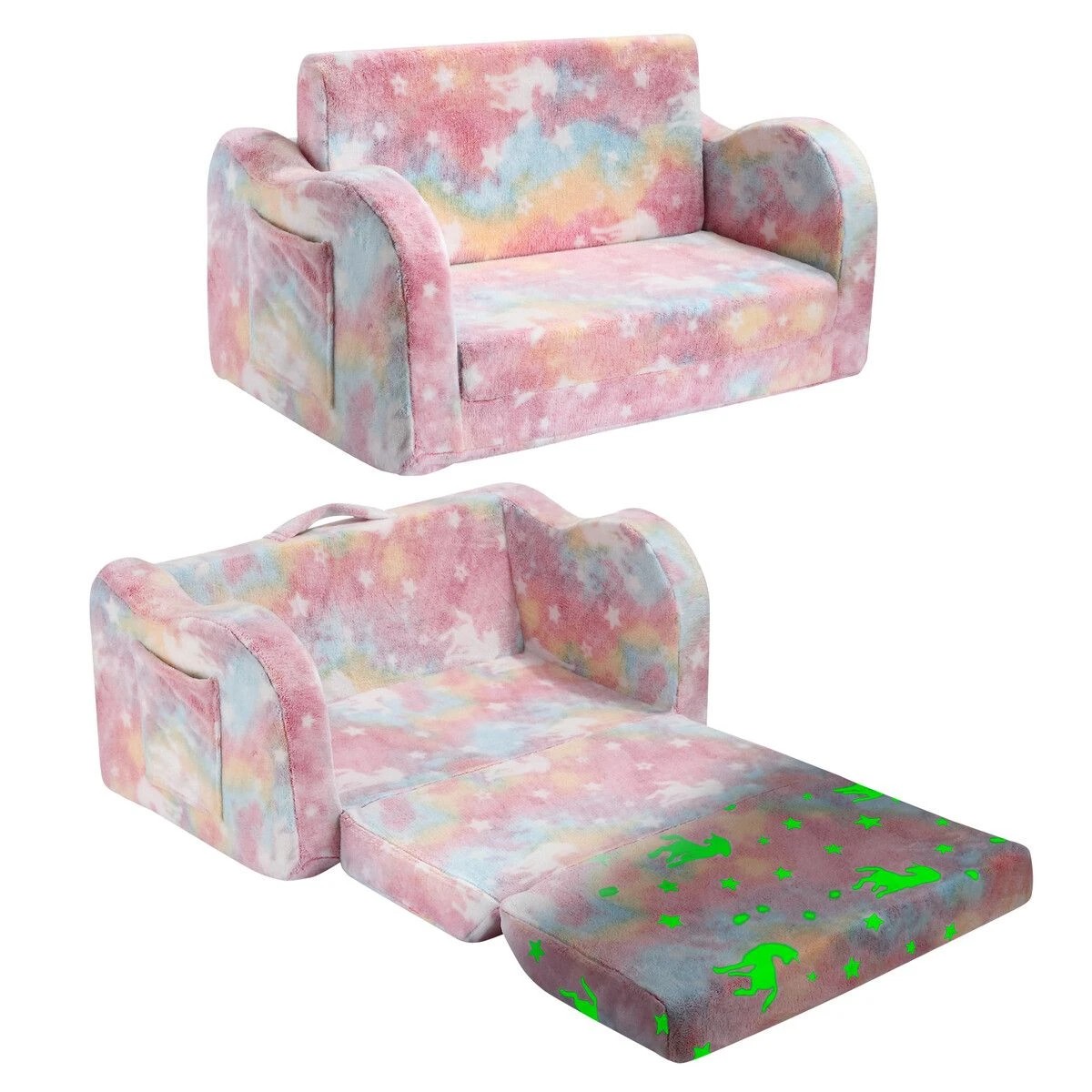 1 Kidbot Kids Flip Out Sofa Convertible Couch Lounge Chair Fold Comfy Toddler Bed 2 Seater Childrens Armchair Storage Glow, 1 of 1