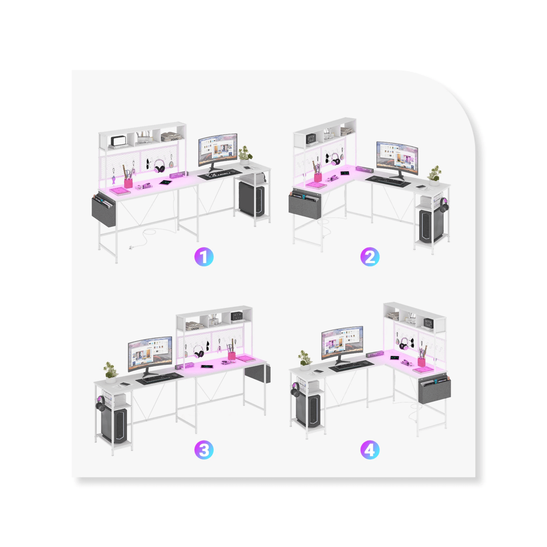 9 Advwin 170cm L Shaped Gaming Desk With Led Lights & Power Outlets Reversible Storage Shelf Computer Corner Desk White, 9 of 10
