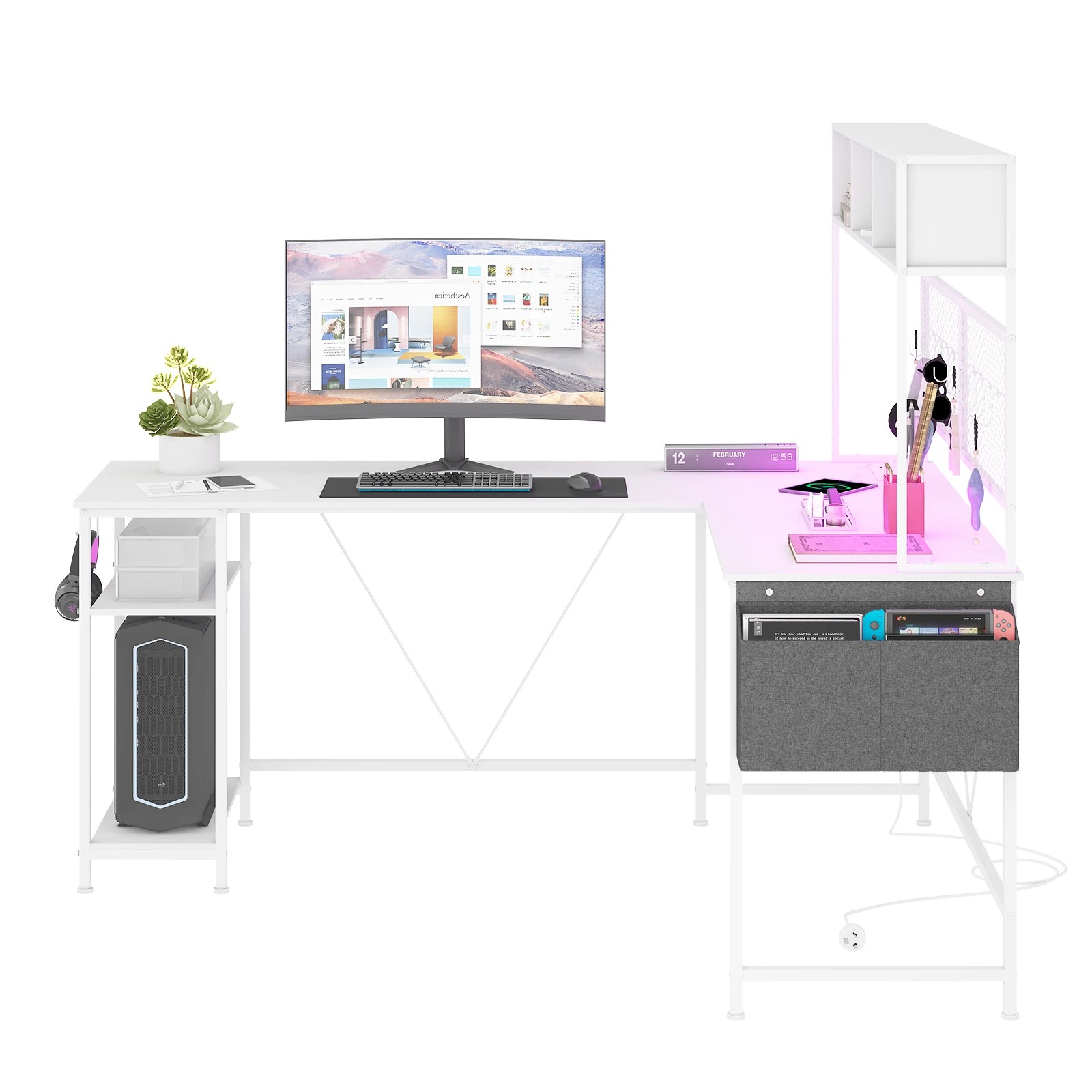 8 Advwin 170cm L Shaped Gaming Desk With Led Lights & Power Outlets Reversible Storage Shelf Computer Corner Desk White, 8 of 9