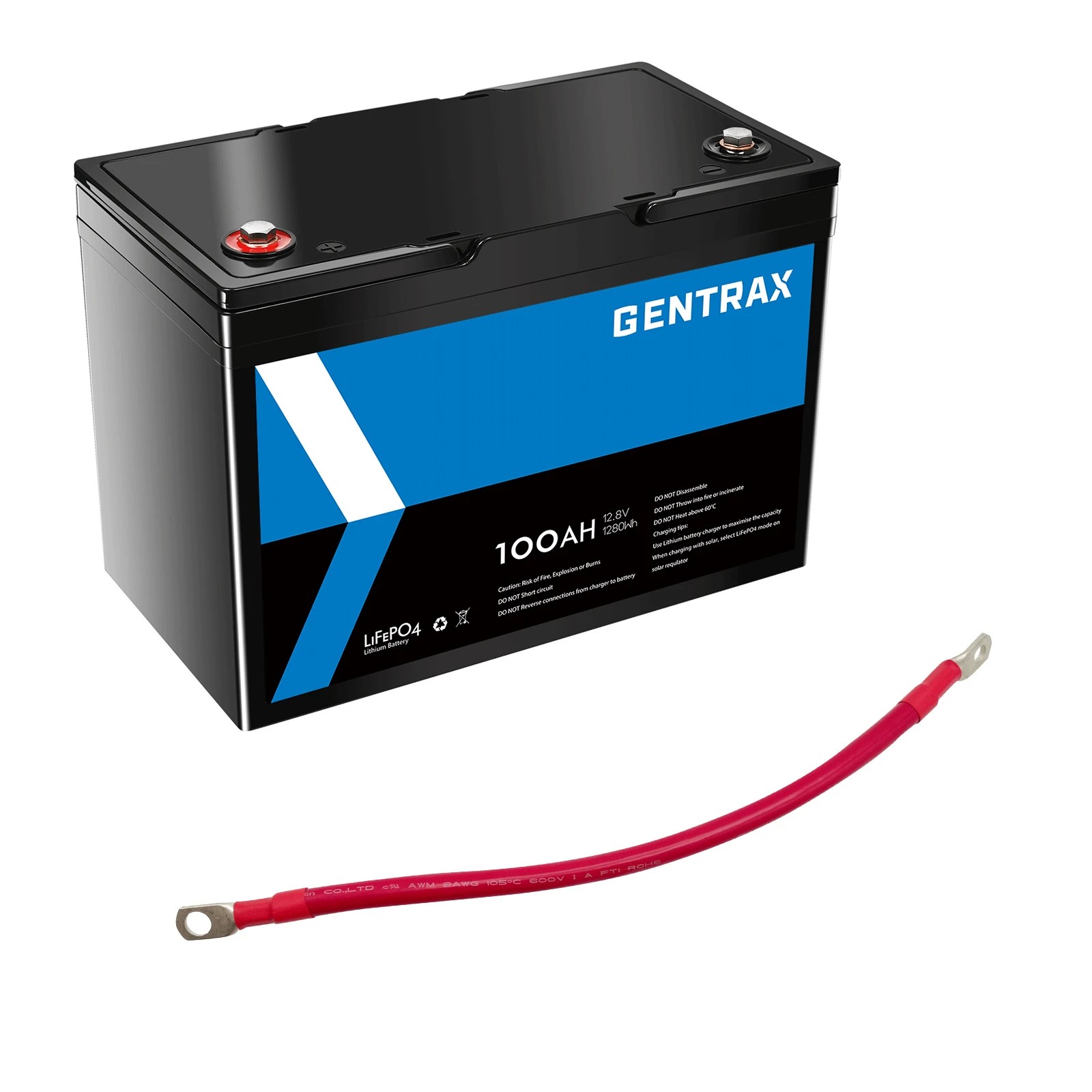 1 Gentrax 12V 100Ah Lithium Iron Phosphate Battery+0.3m 2AWG Battery Cable Power Wire Red, 1 of 10