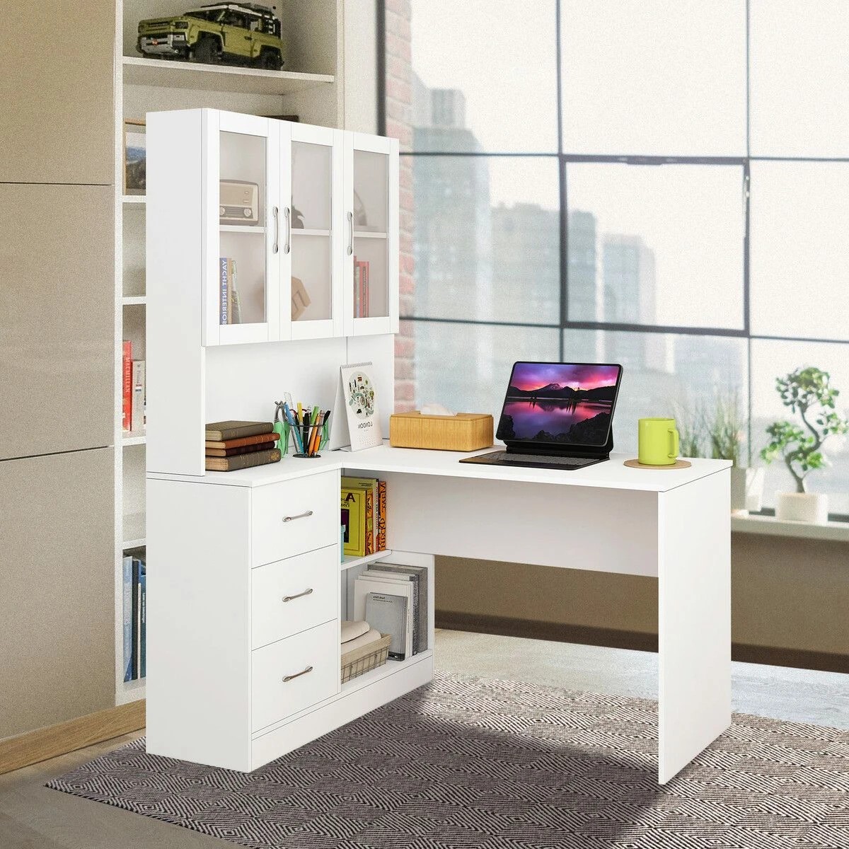 4 LUXSUITE Computer Desk and Bookcase 3in1 White, 4 of 5