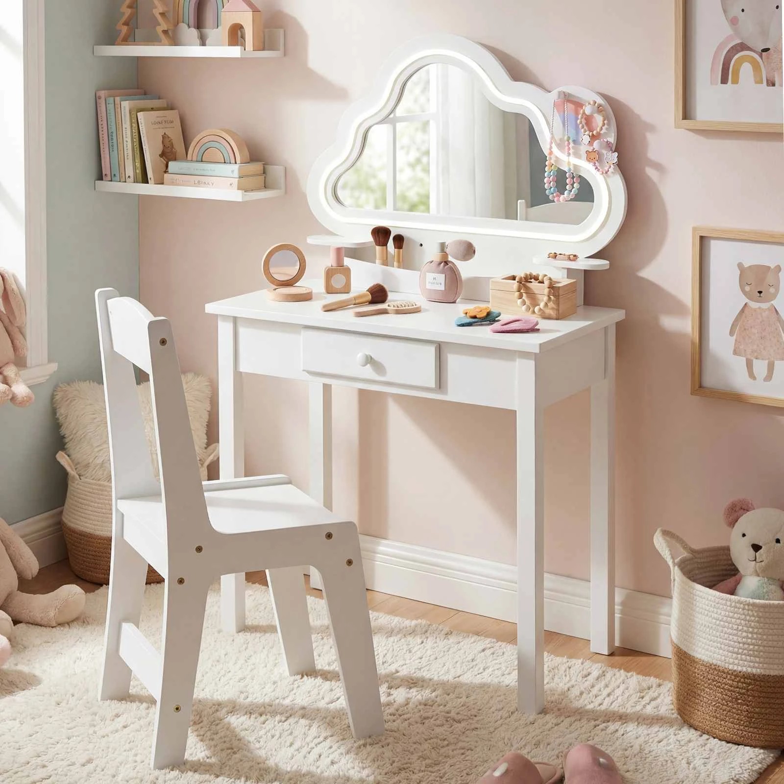 2 Costway Vanity Set Lighted Cloud Mirror 2-in-1 Princess Makeup Dressing Table Chair - White, 2 of 3