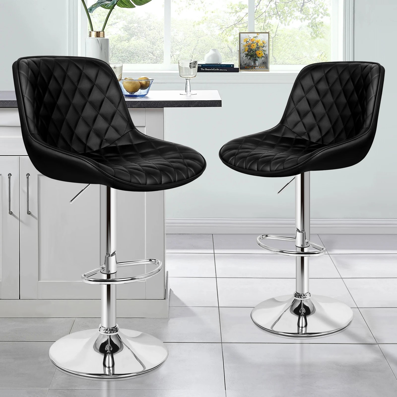 2 Alfordson 2x Bar Stools Gas Lift Leather Bar Chairs Kitchen Swivel - Black, 2 of 10