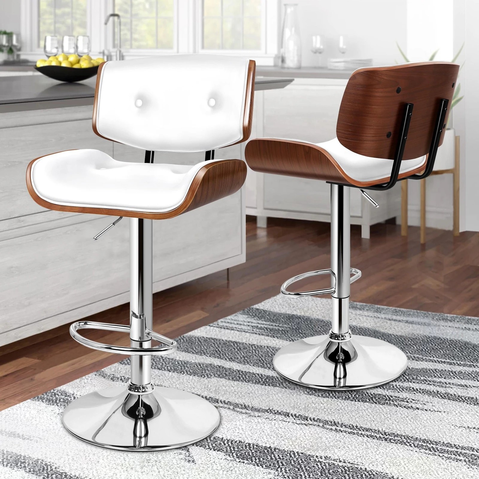 2 Alfordson 2x Bar Stool Kitchen Swivel Wooden  Chair Leather Odette - White, 2 of 10