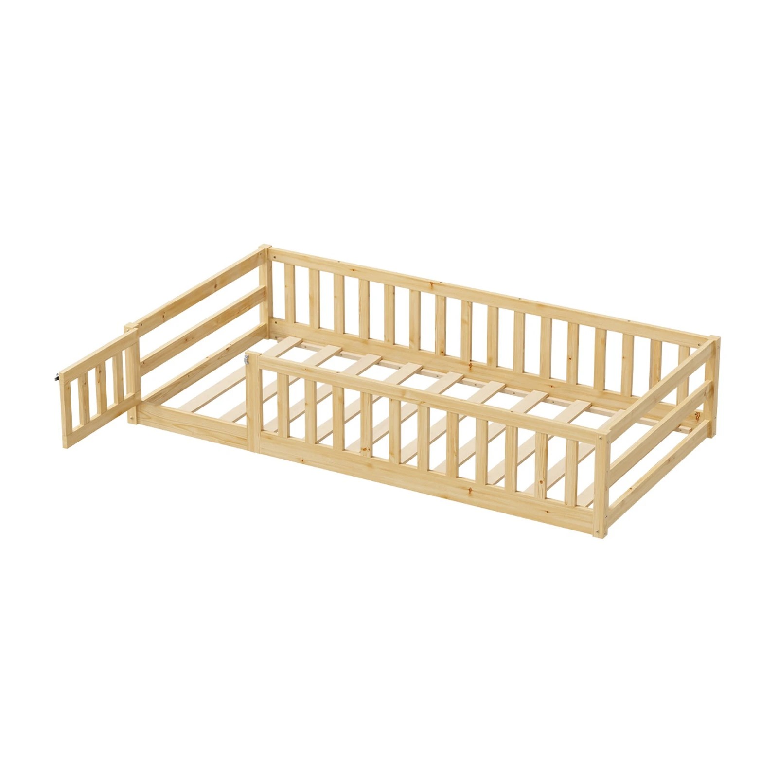 1 Oikiture Single Kids Bed Frame with Gate Fence Wood - Natural, 1 of 10