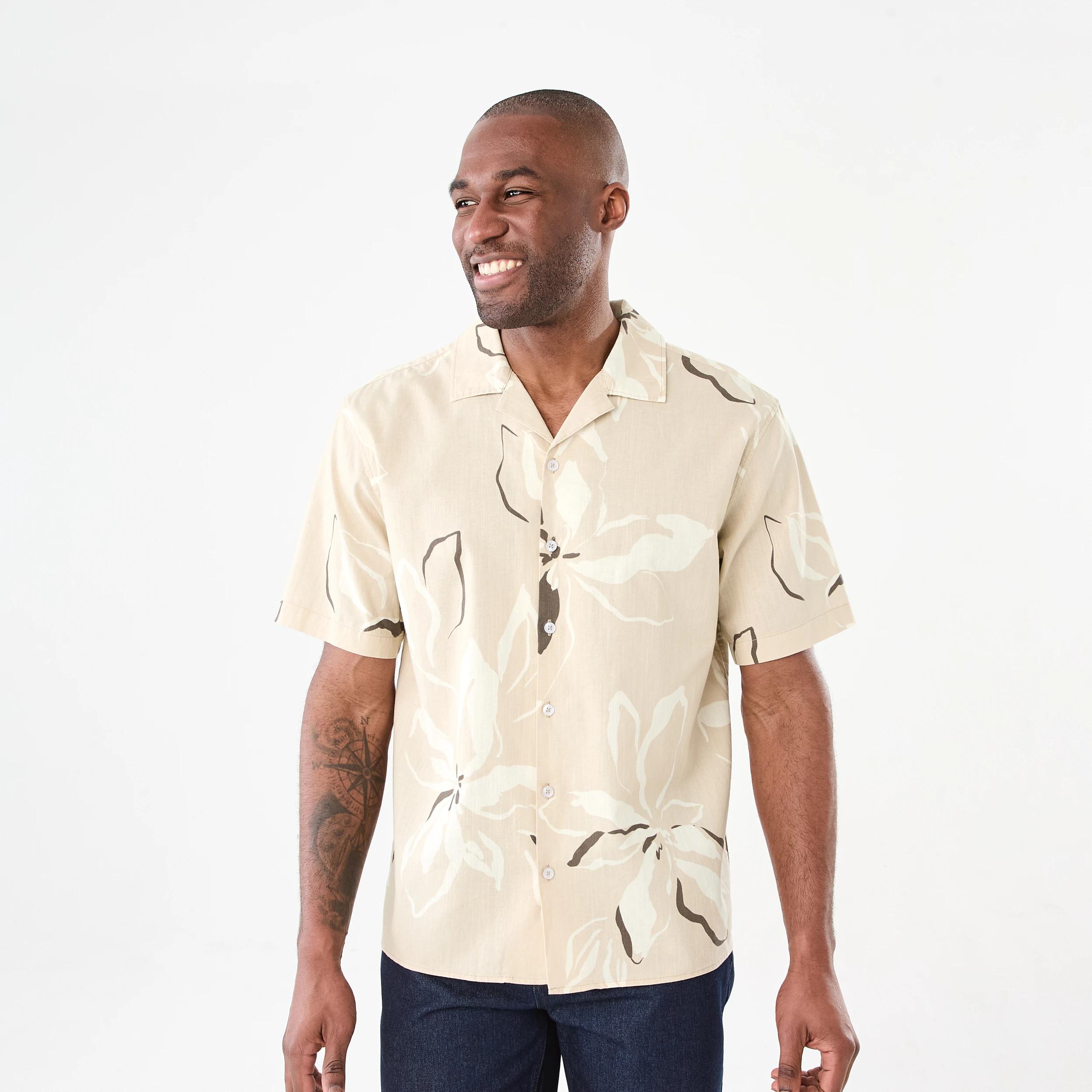 1 Short Sleeve Print Cotton Linen Shirt Bge Flowr, 1 of 6