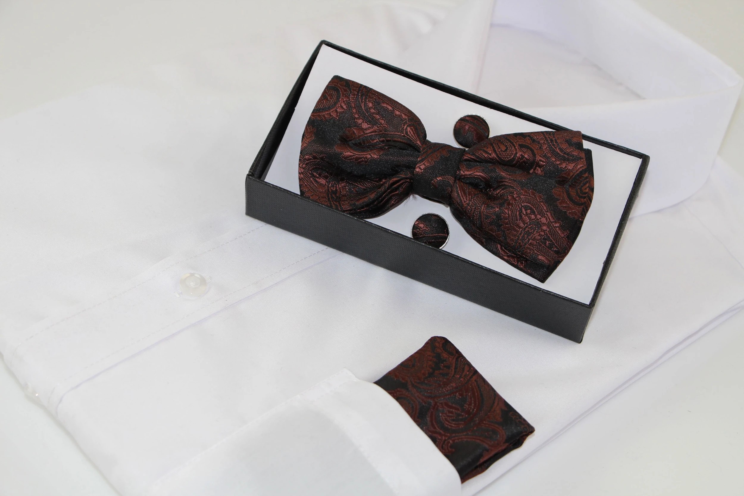1 Zasel Mens Brown Paisley Matching Bow Tie, Pocket Square & Cuff Links Set - Multi, 1 of 1