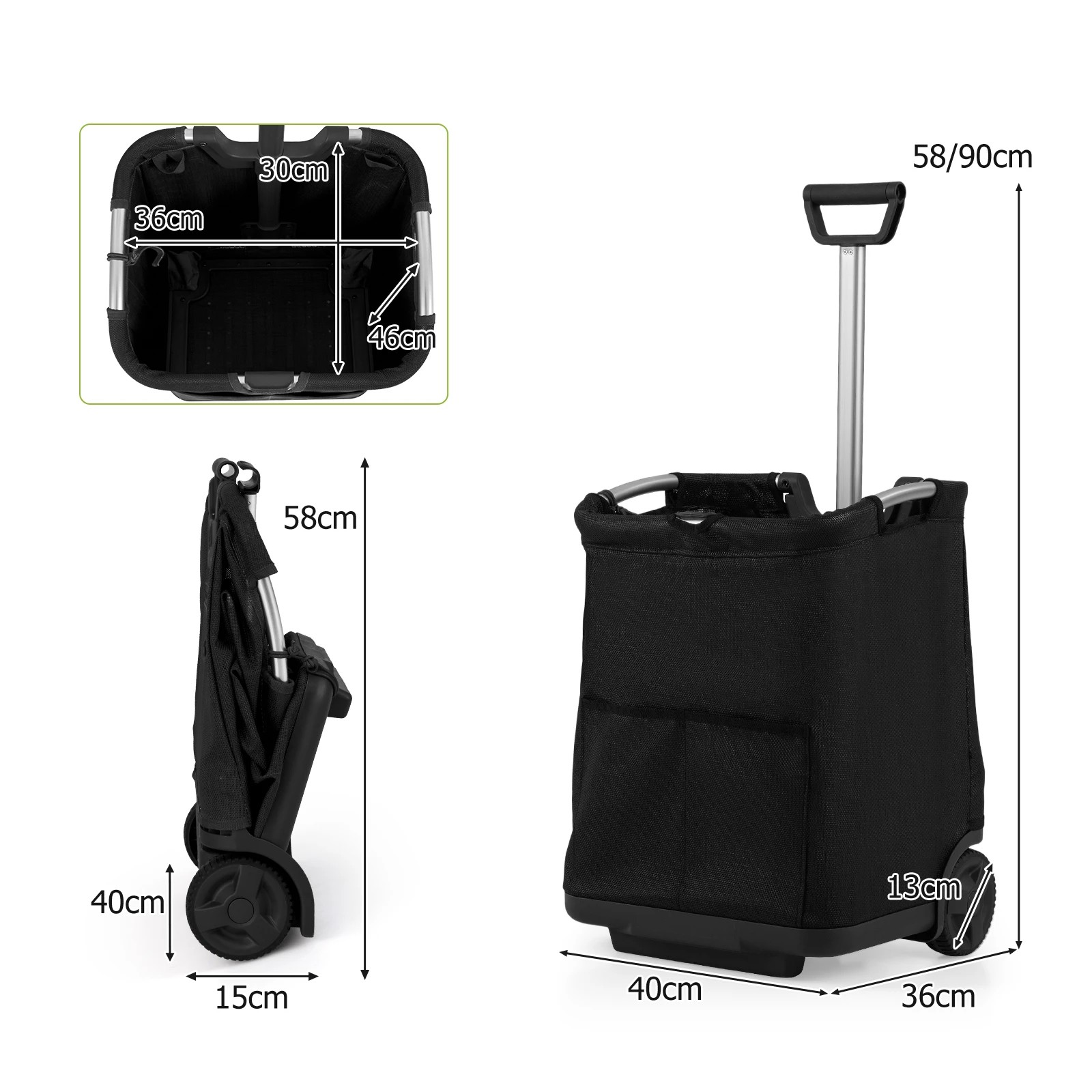 2 Costway 50L Folding Shopping Cart Portable Utility Cart w/3 Pockets - Black, 2 of 5