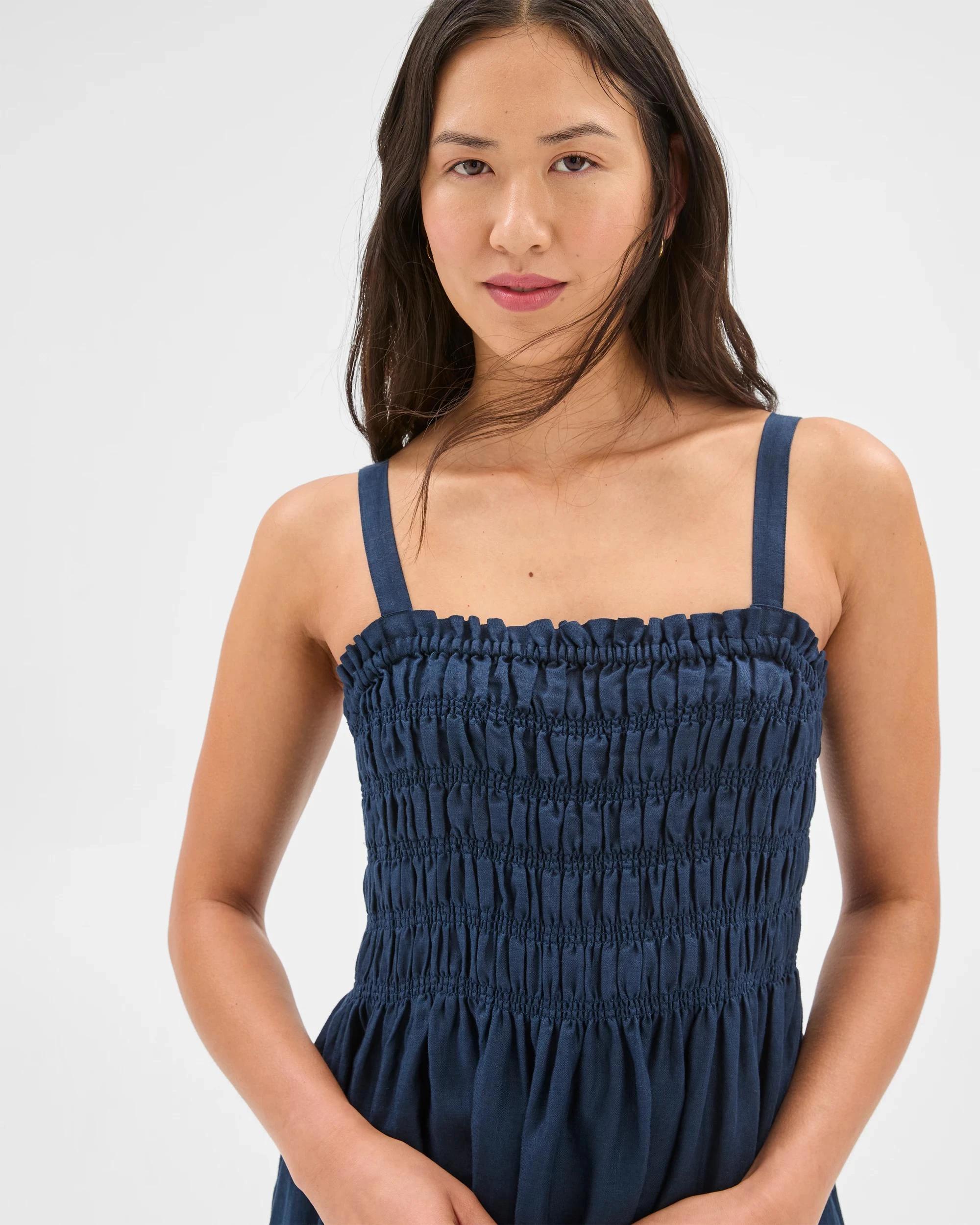 3 Target European Linen Shirred Midi Dress NAVY BLUE, 3 of 6