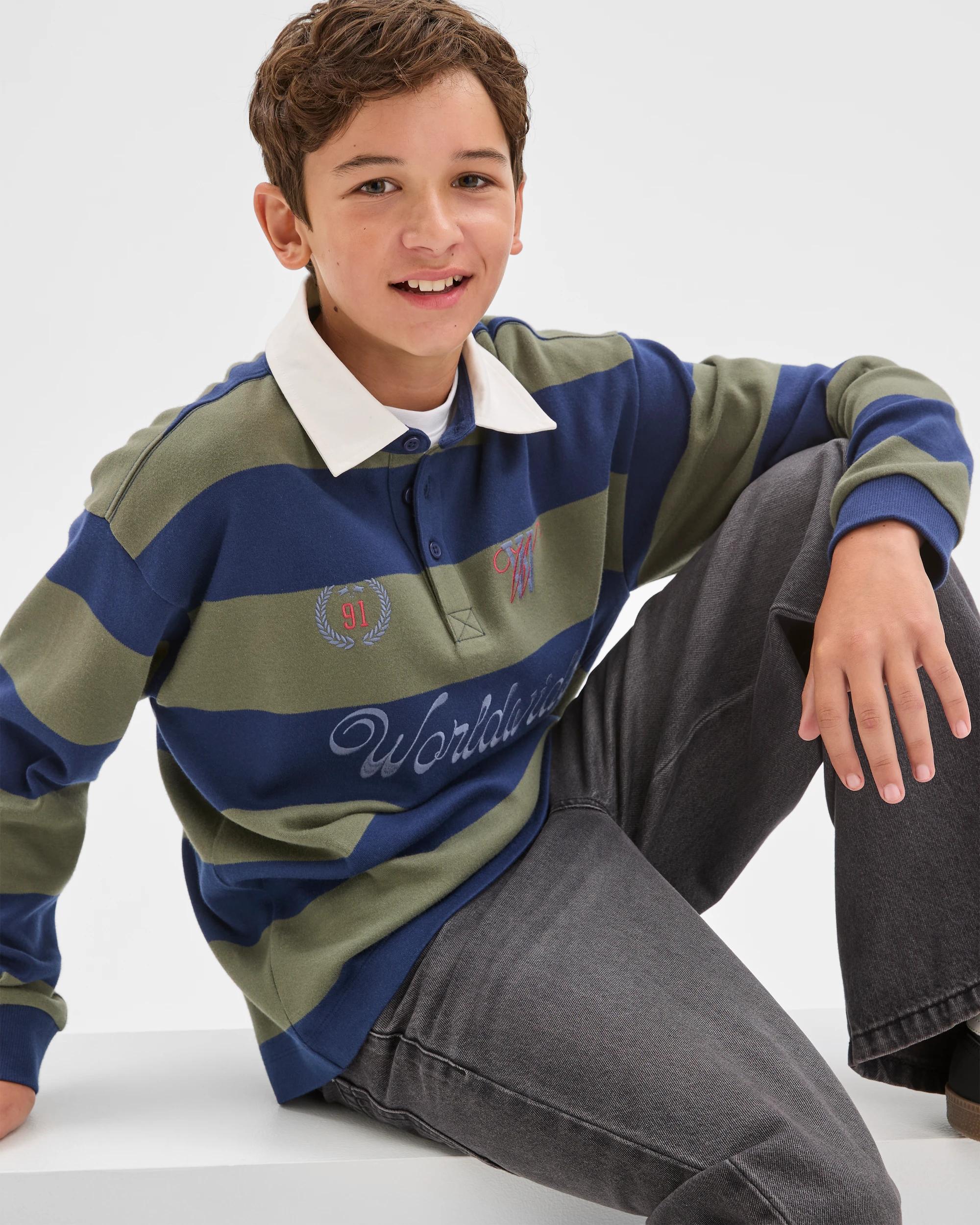 2 Target Kids Australian Cotton Stripe Rugby T-Shirt GREE/NAVY, 2 of 6