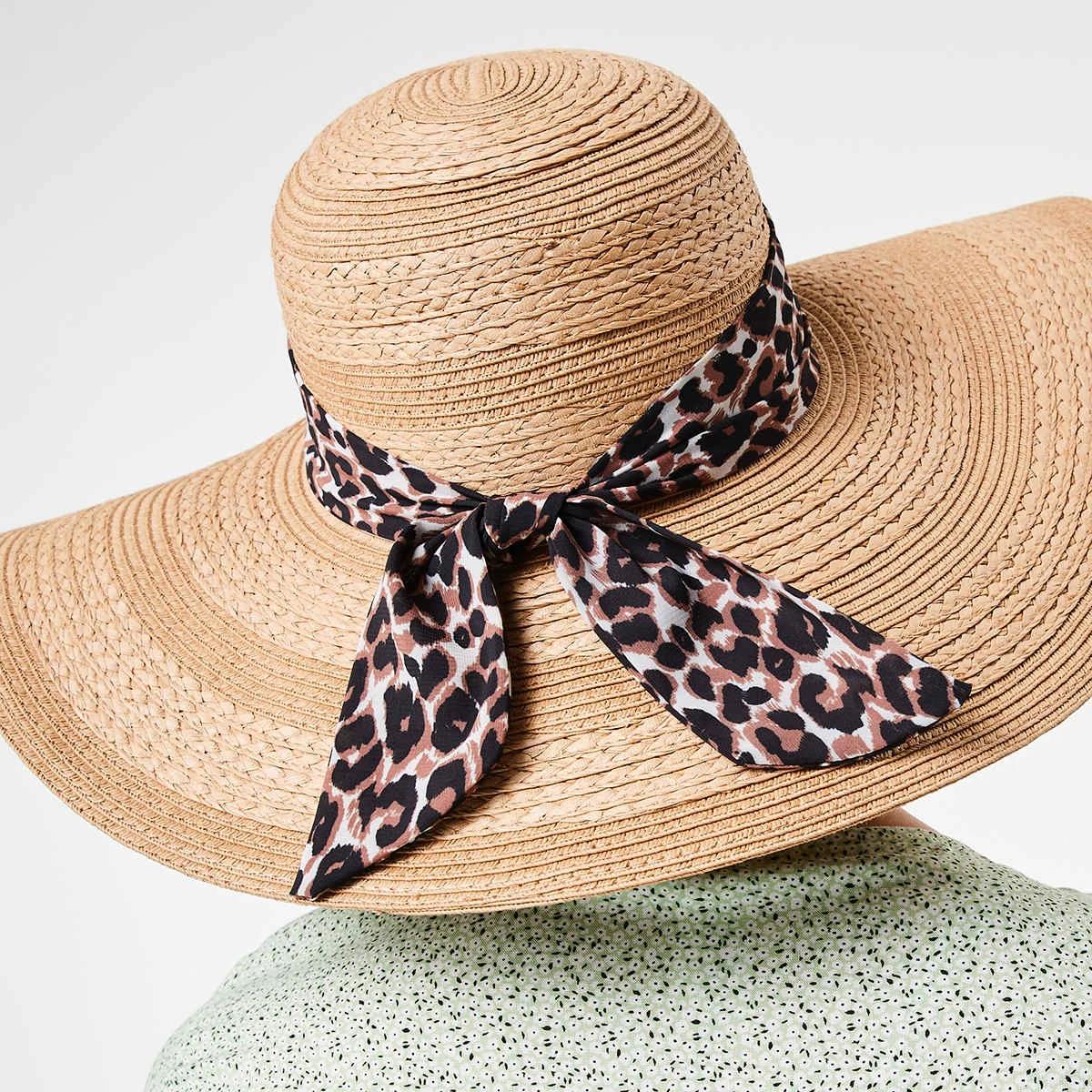 4 Leopard Print Trim Wide Brim Hat Natural, 4 of 4