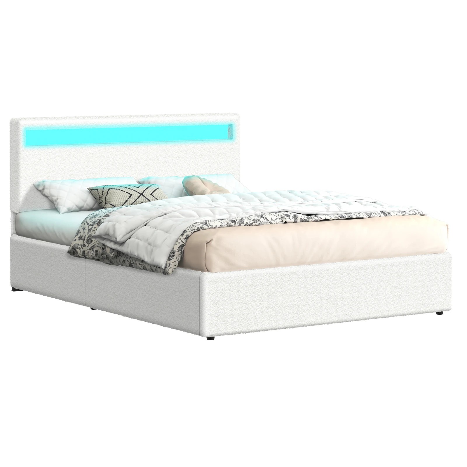 1 Alfordson Bed Frame Double Size RGB LED Gas Lift Storage Base Boucle Luchino - White, 1 of 10