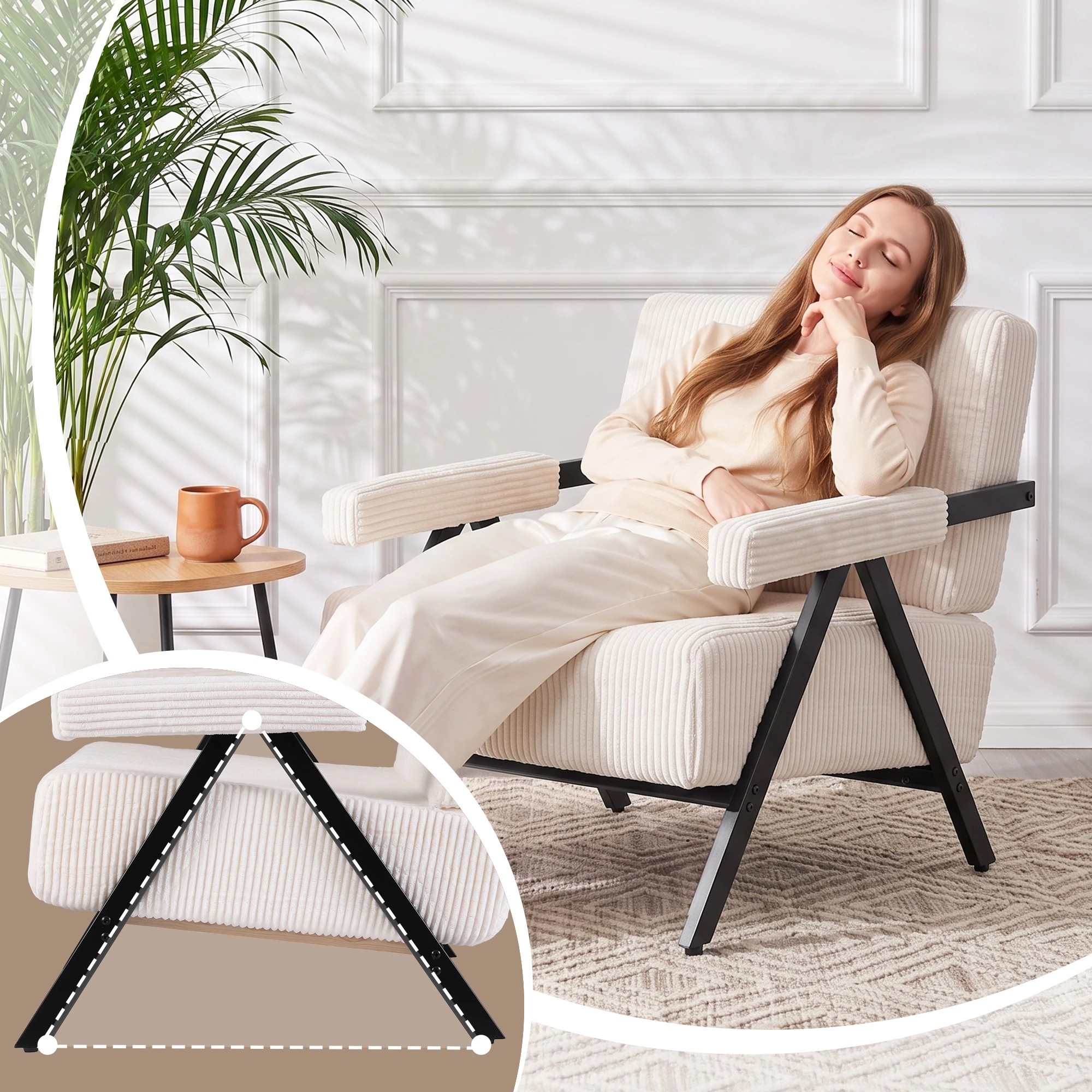 6 Artiss Compressed Armchair White Corduroy Accent Chair for Small Space - White, 6 of 7