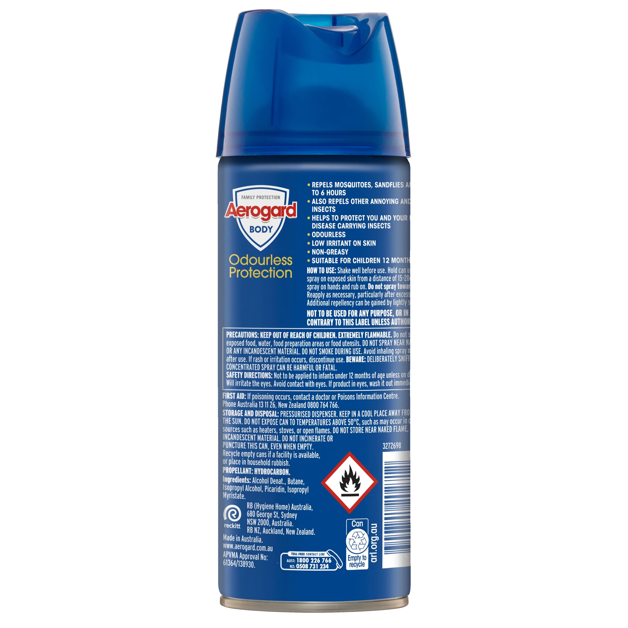 2 Aerogard Body Odourless Protection Insect Repellent Aerosol Spray 300g - Blue, 2 of 7