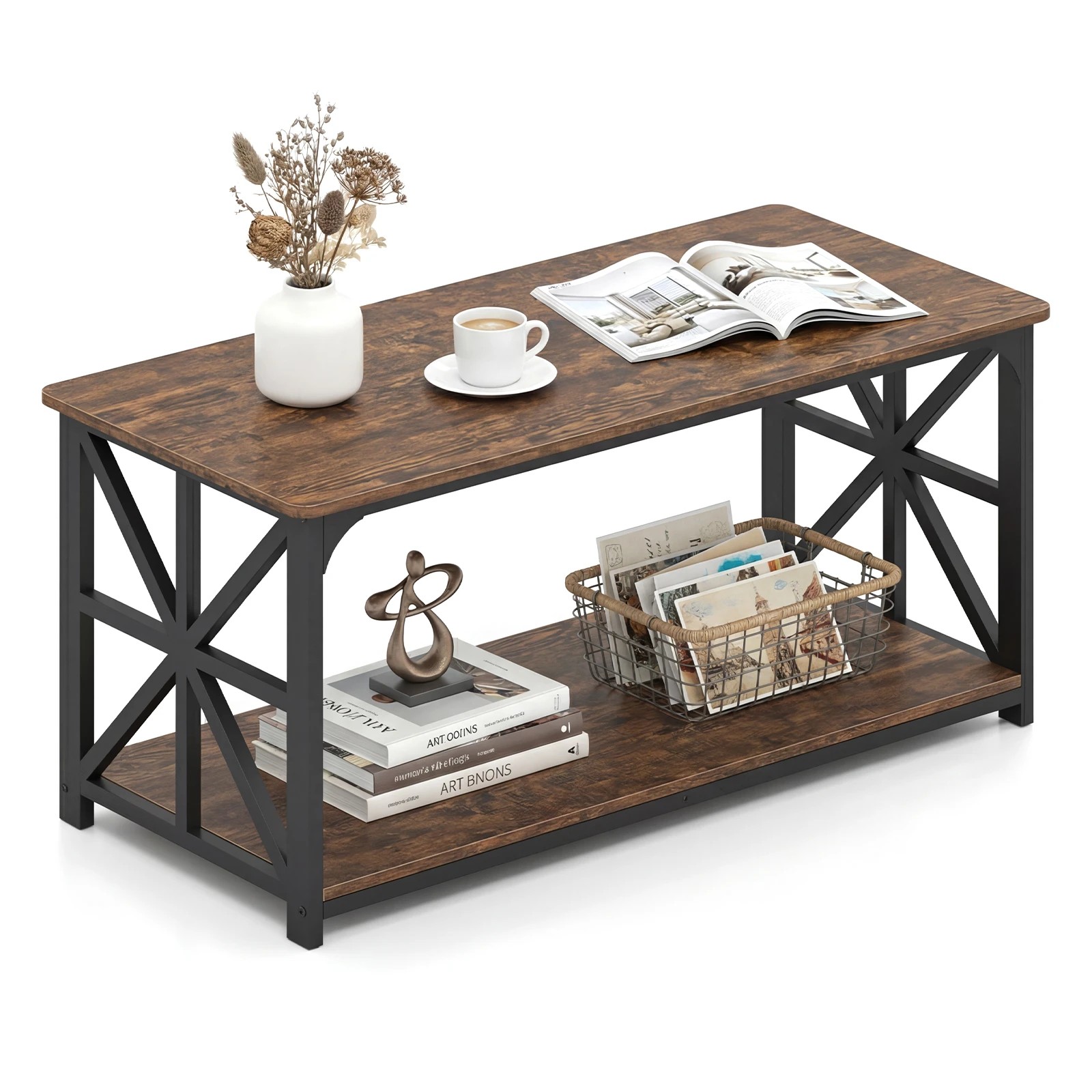 2 Costway 2-Tier Coffee Table Industrial Center Table X Side Frame - Brown, 2 of 4