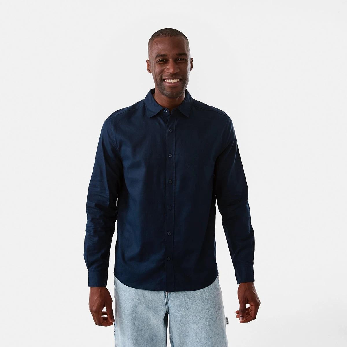 1 Long Sleeve Solid Linen Blend Shirt Blu Pcoat, 1 of 7