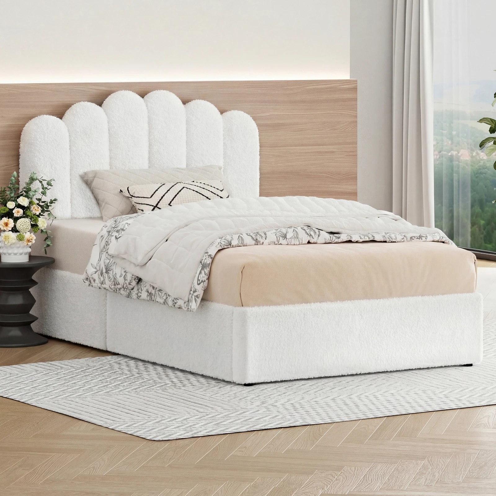 2 Alfordson Bed Frame King Single Gas Lift Storage Base Wooden Boucle Mutis - White, 2 of 10