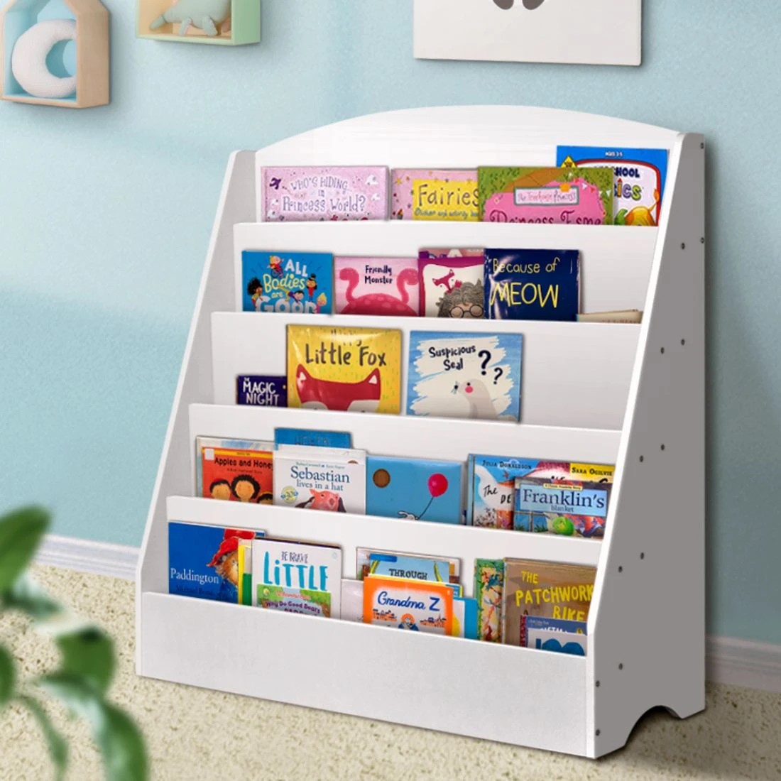 3 Keezi 5 Tiers Kids Bookshelf Magazine Shelf Organiser Bookcase Display Rack Toy Storage Reading Nook Playroom - White, 3 of 8