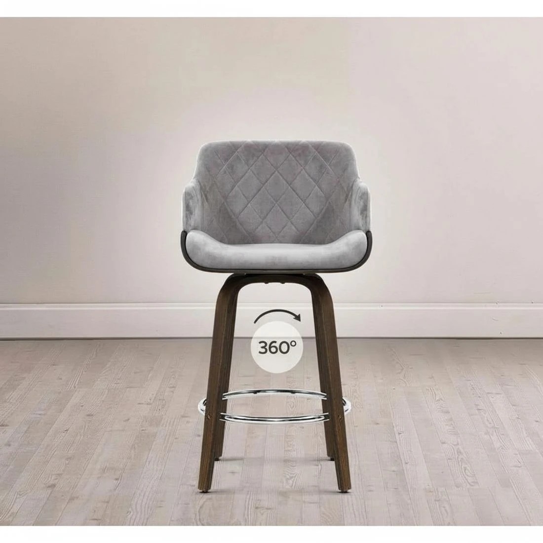 4 Artiss 2x Bar Stools Swivel Velvet Padded Wooden - Grey, 4 of 6