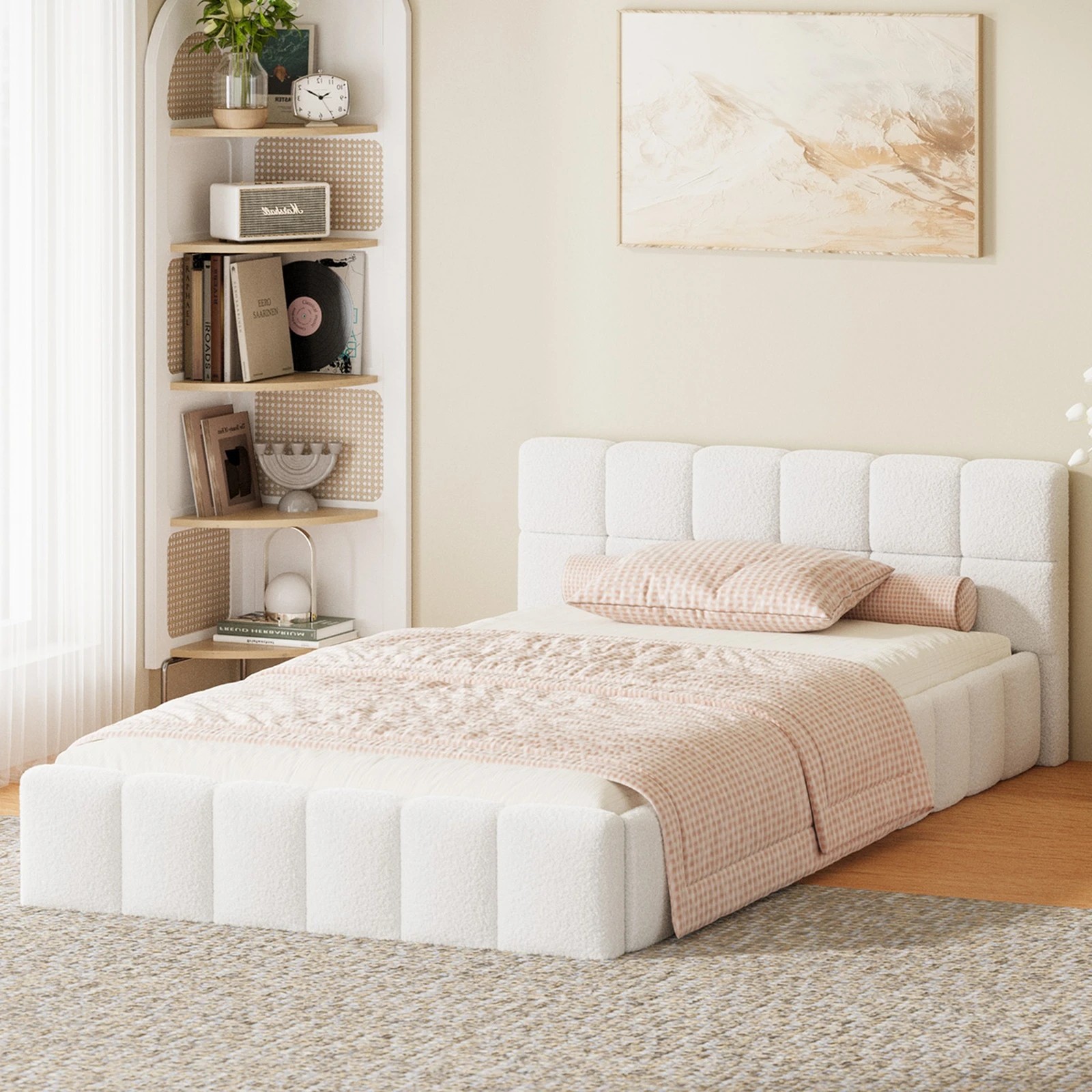 3 Oikiture Bed Frame King Single Size Tufted Headboard Boucle - White, 3 of 7