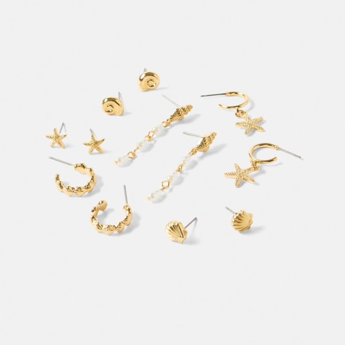 3 6 Pack Beach Stud and Hoop Earrings - Gold Tone Gold, 3 of 5