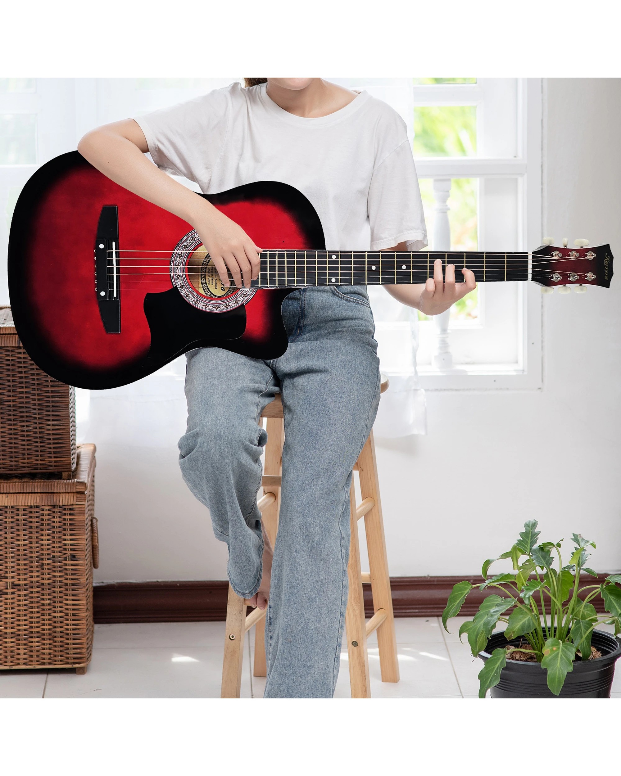 10 Karrera 38in Pro Cutaway Acoustic Guitar with Guitar Bag in Red Burst - Red, 10 of 10