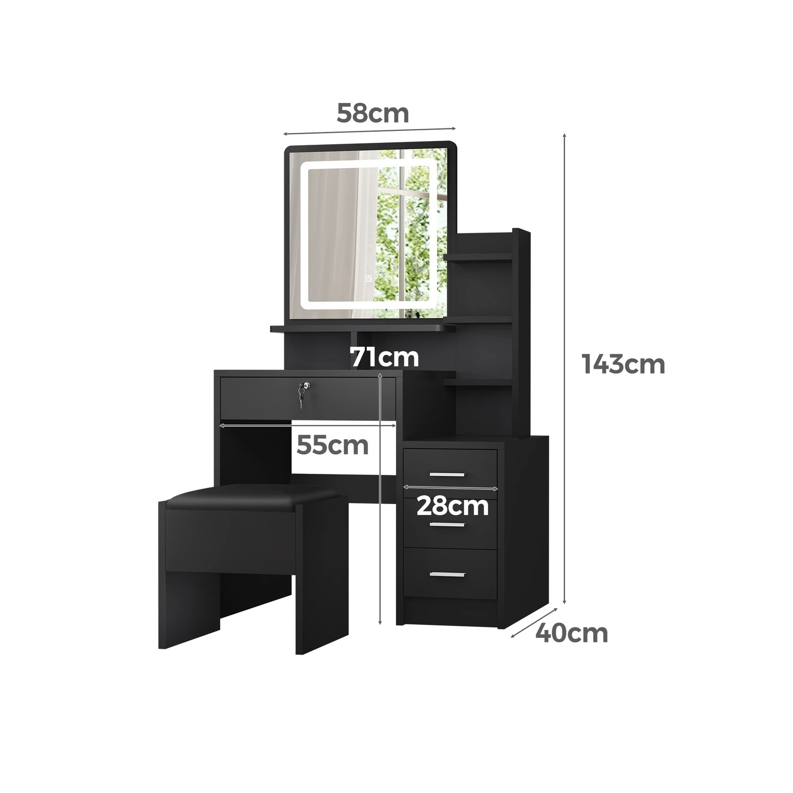 6 Alfordson Dressing Table Stool Set LED Makeup Mirror Vanity Desk Drawers - Black, 6 of 10