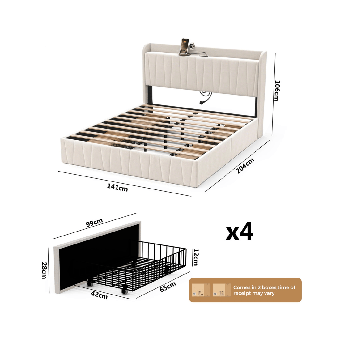 3 Advwin Double Bed Frame With 4 Storage Drawers & Charging Station Biege, 3 of 7