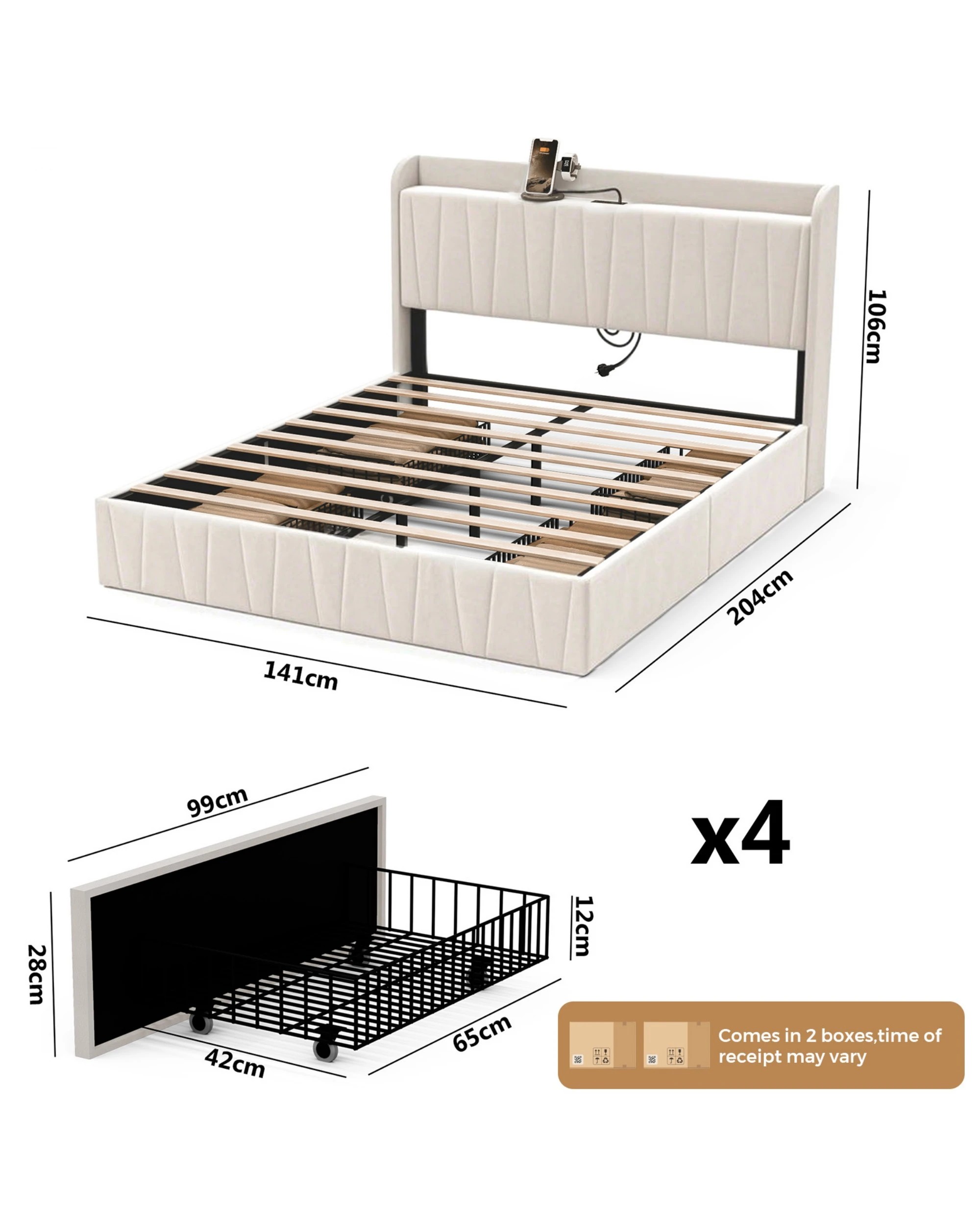 3 Advwin Double Bed Frame With 4 Storage Drawers & Charging Station Biege, 3 of 7
